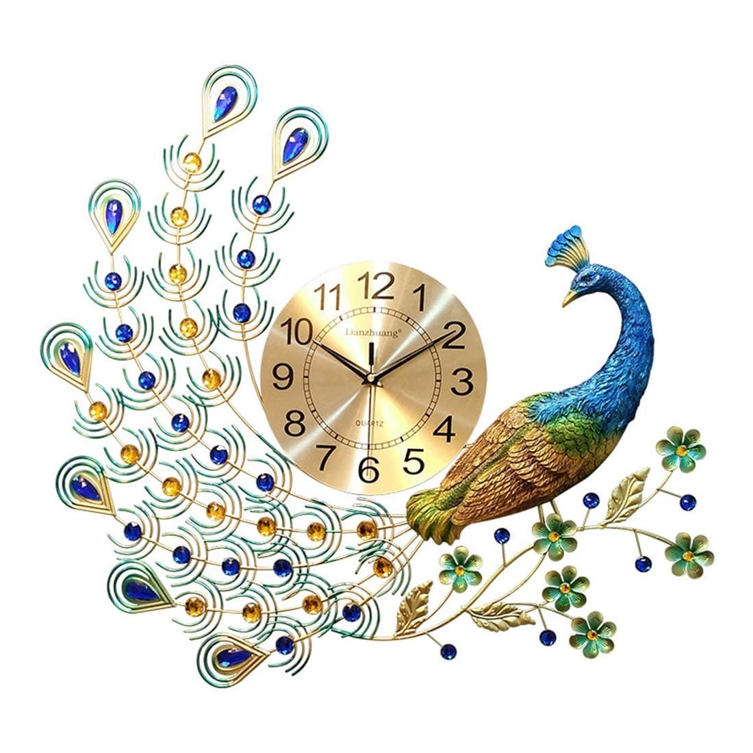 LANGSHI Home Decor Peacock Wall Clock Crystal Deluxe Living Room Clock Art Deco Wall Clock Mute Wall Clock Wall Decoration