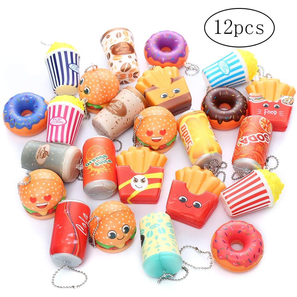 12PCS Random Food Squishies Keychain Set, Hamburgers/ Donuts/ Popcorns/ French Fries Cute Jumbo Squishy Pack Soft Slow Rising Squishy Toys Stress Relief Scented Party Favors for Boys/Girls