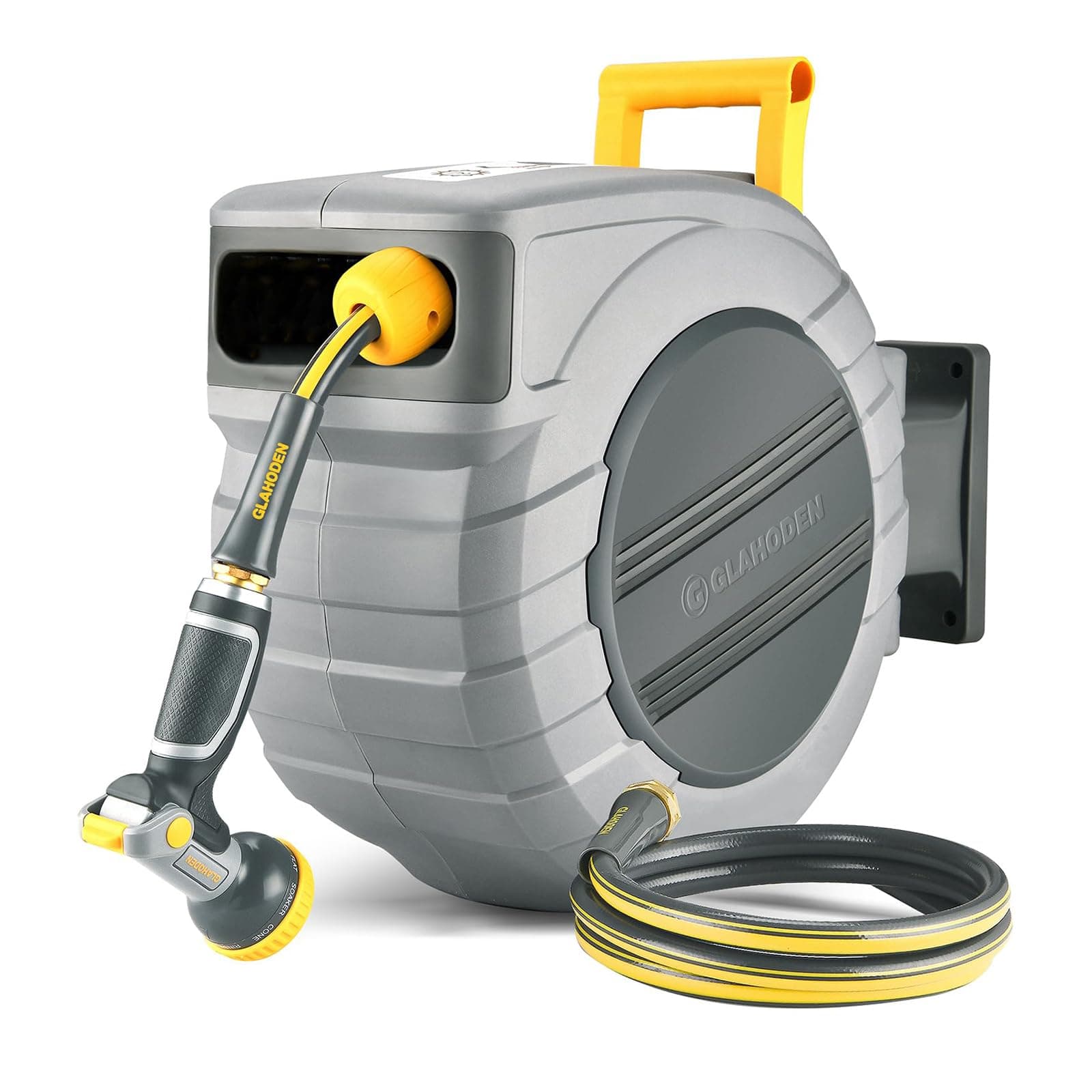 Retractable Garden Hose Reel 5/8 in x 100 ft Upgraded UV Resistant Heavy Duty Automatic Hose Reel Wall Mount 3/4 in Brass Fitting 9 Pattern Nozzle Any Length Lock Slow Retraction 180° Swivel