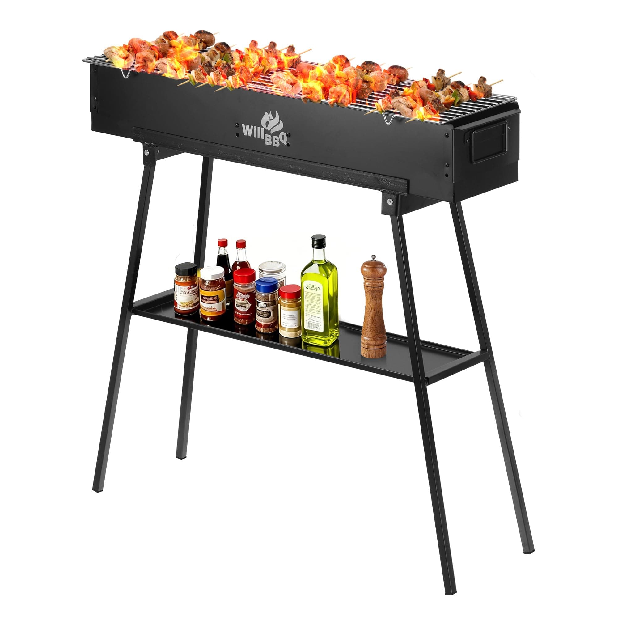 WILLBBQ Charcoal Grills Commercial Quality Portable Hibachi BBQ Lamb Skewer Folded Camping Barbecue Grill for Backyard Outdoor Cooking Use (31.5x7.2x5.2 inch), BLACK