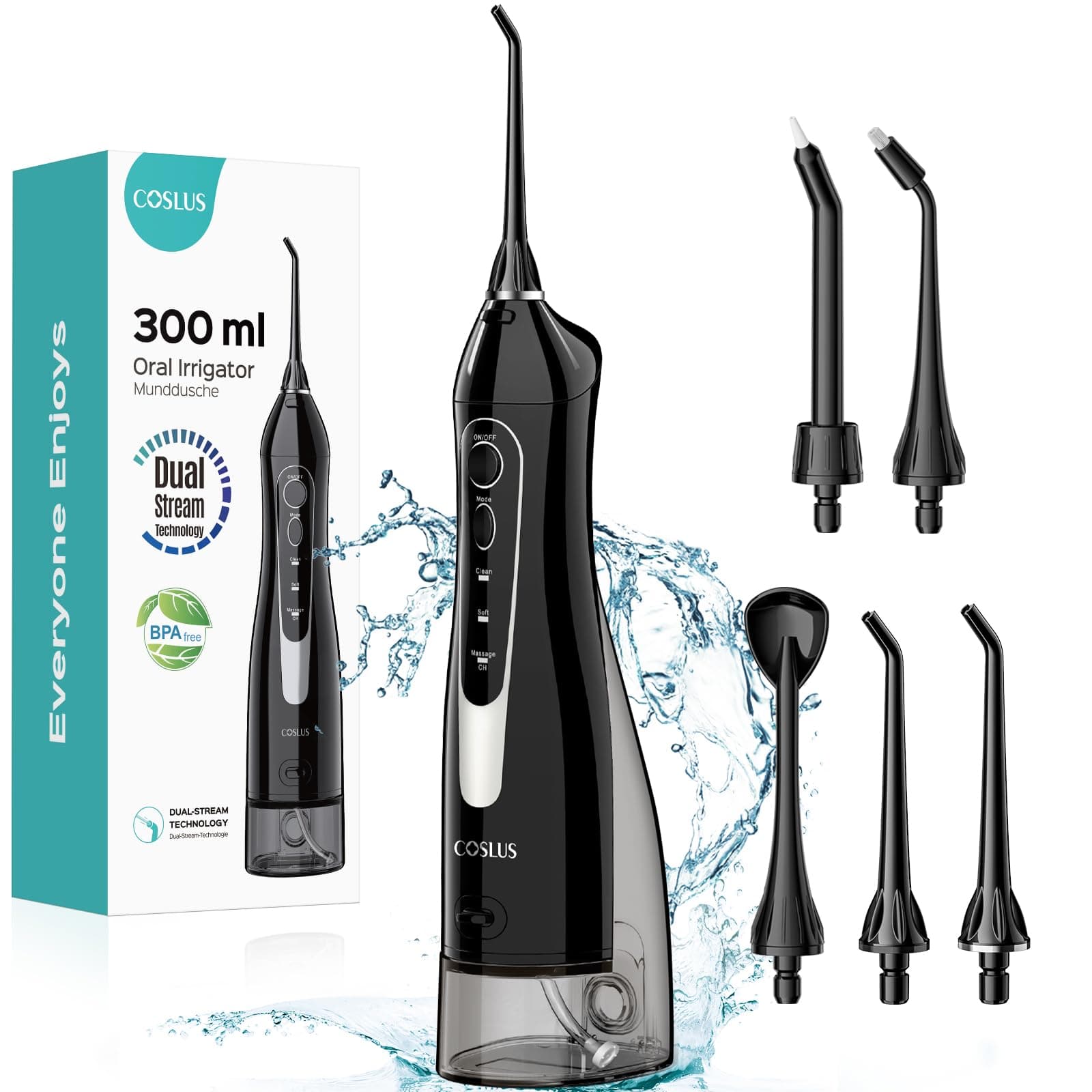 COSLUS Professional Water Flosser For Teeth Braces Gums Care, Cordless Oral Irrigador, Deep Cleaning, Rechargeable, Waterproof, BPA-Free, Portable, Home and Travel, Black(Grey water tank) C20