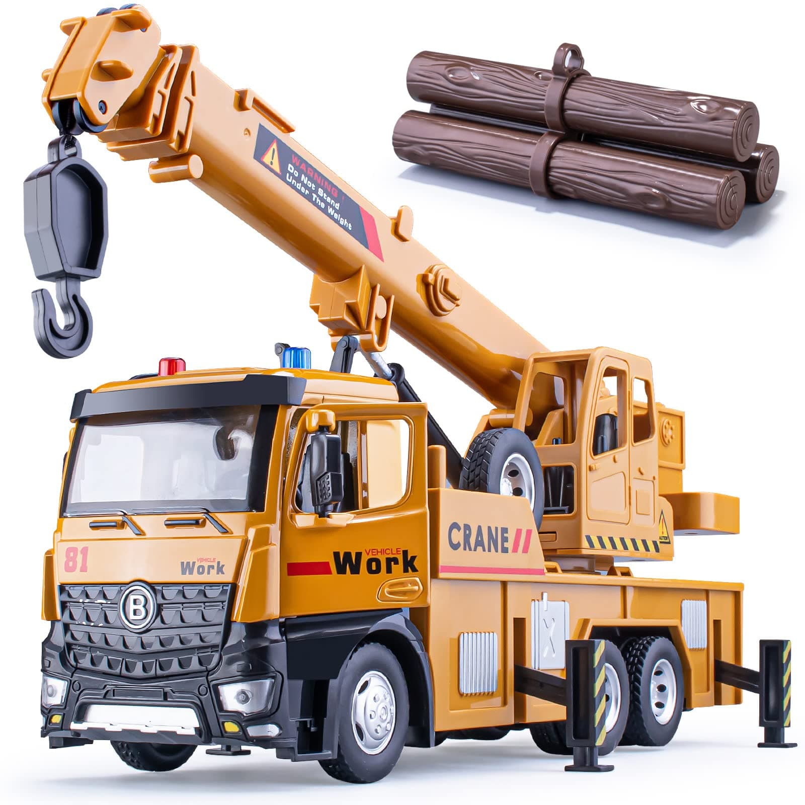 Crane Truck Toy Metal Cab, Friction Powered Crane Machine Tow Truck with Lights and Sounds, Construction Equipment for Kids Boys Girls, 13.5"