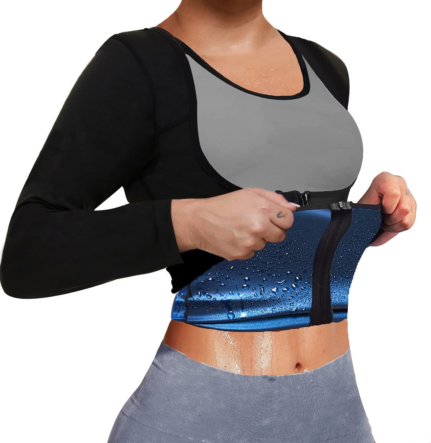 Sweat Body Shaper Jacket Hot Waist Trainer Long Sleeve Zipper Shirt Workout Top