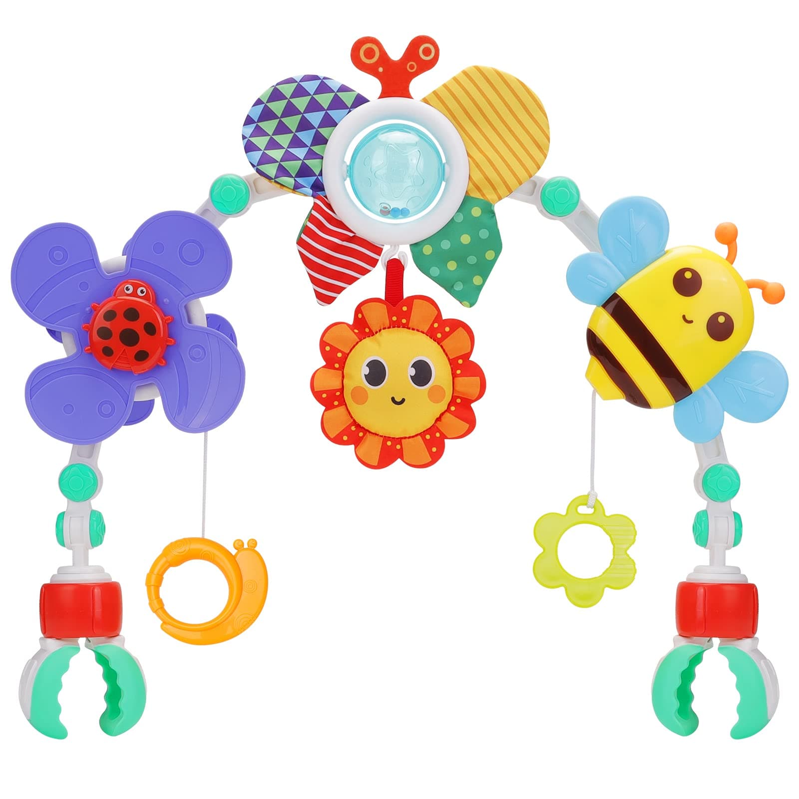 Pram Toys for Babies 0-6 Months - Clip on Bouncer Toy Bar Foldable Baby Stroller Arch Sensory Interactive Play Travel Toys Crib Cot Buggy Mobile Arch for 3 6 9 12 Month Newborn Infants Boy Girl Gift