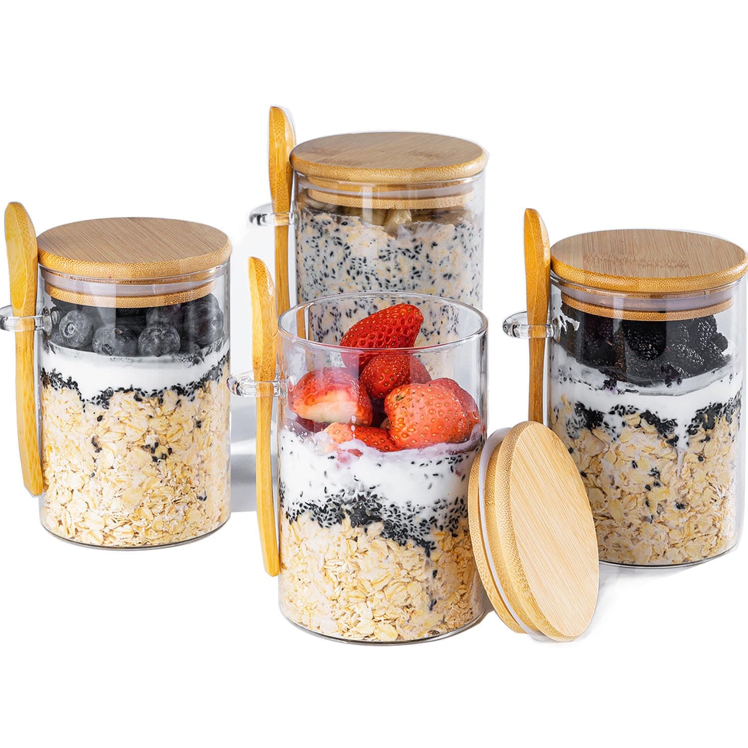 Overnight Oats Containers with Lids,16oz Overnight Oats Jars 4 Pack, Oatmeal Cups,Meal Prep Containers,Glass Meal Prep Containers with Lids,China Pudding Jars