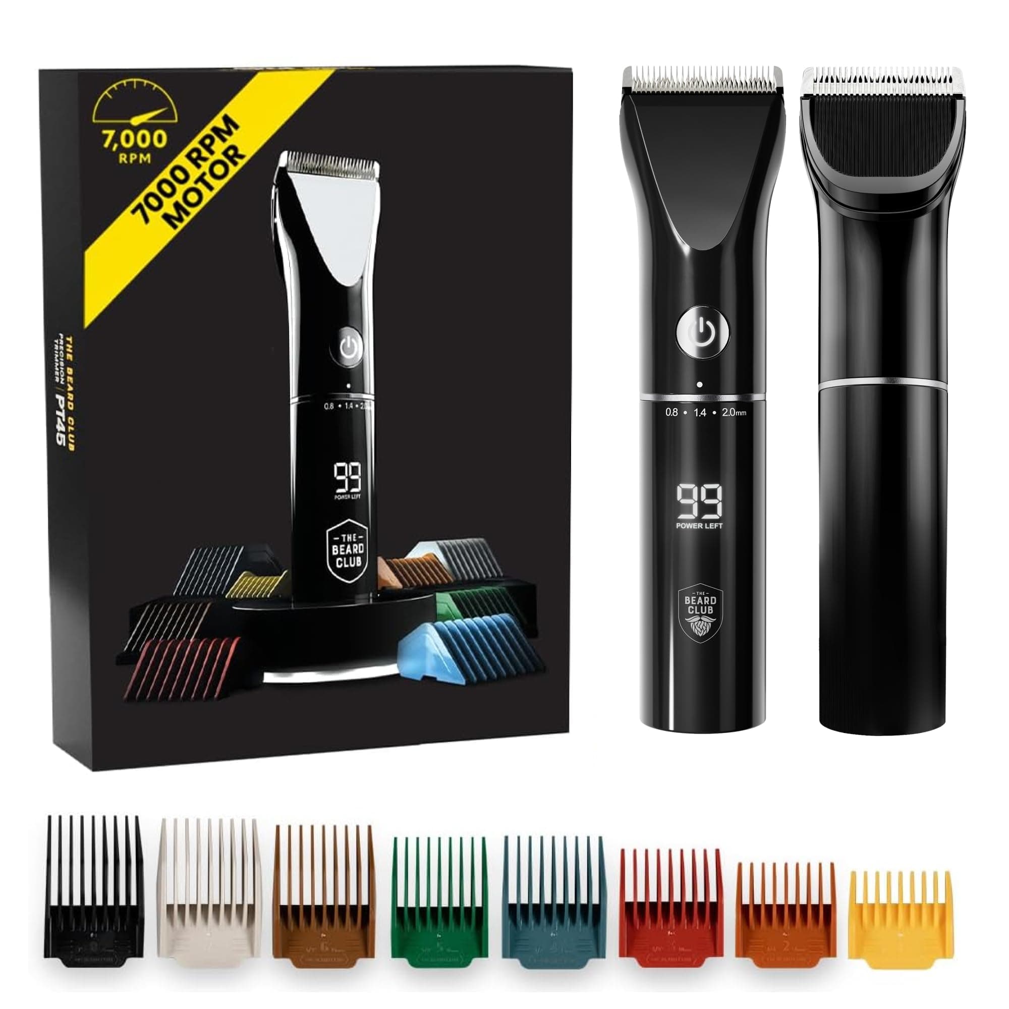 The Beard Club Beard Trimmer for Men - Electric Cordless Rechargeable Beard & Hair Trimmer - High Power 7000 RPM - 8 Color Guides 45 Unique Trim Lengths - Travel Lock