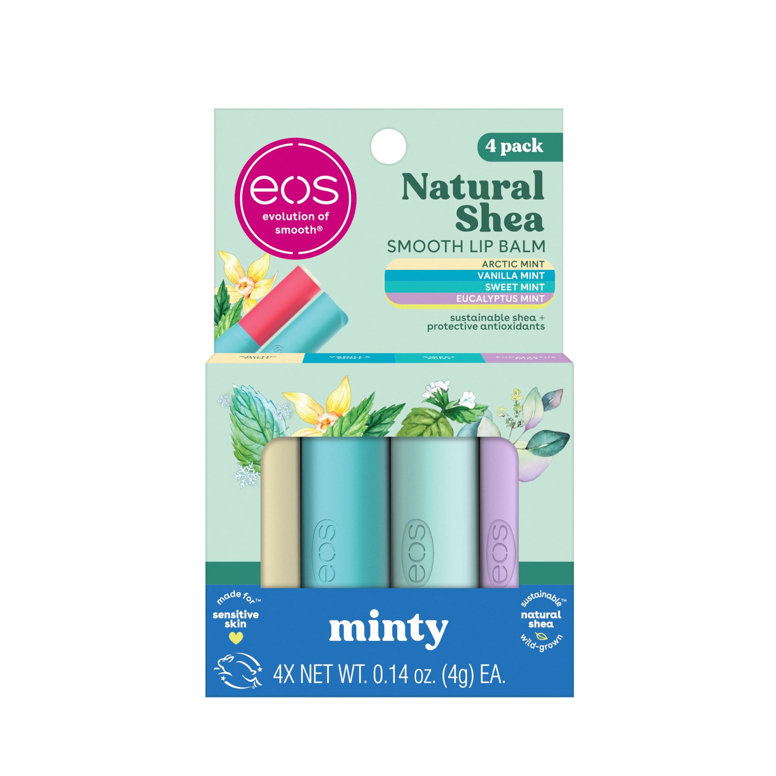 - eos Natural Shea Minty Lip Balm Variety Pack - Artic, Vanilla, Sweet and Eucalyptus Mint, All-Day Moisture Lip Balm Gift Set, 0.14 oz, 4-Pack