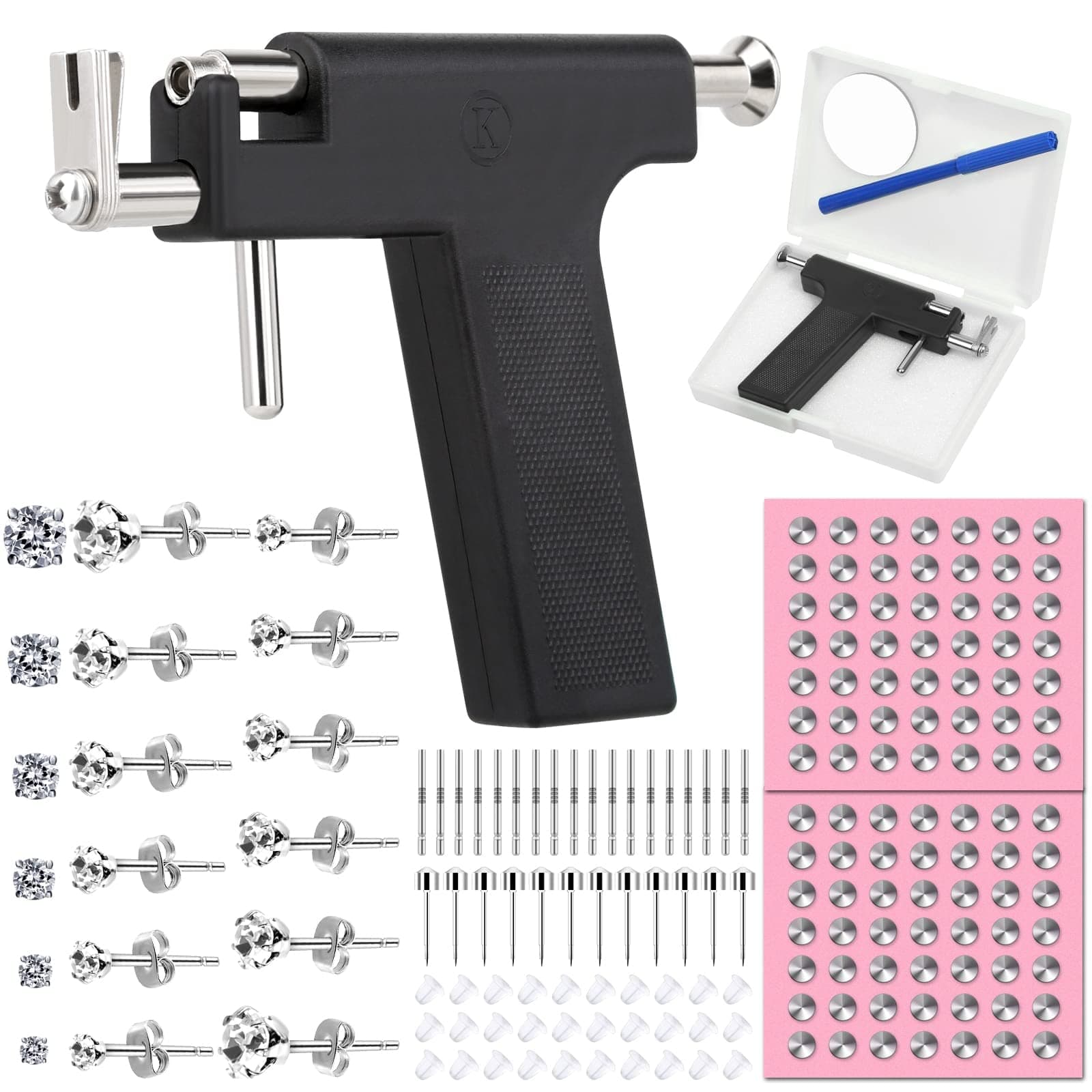Professional Ear Piercing Gun Kit, Reusable Piercing Gun with Stainless Steel Piercing Earrings Studs, Crystal Earrings for At Home Salon Earlobe Cartilage Helix Tragus Piercing Tool Kit