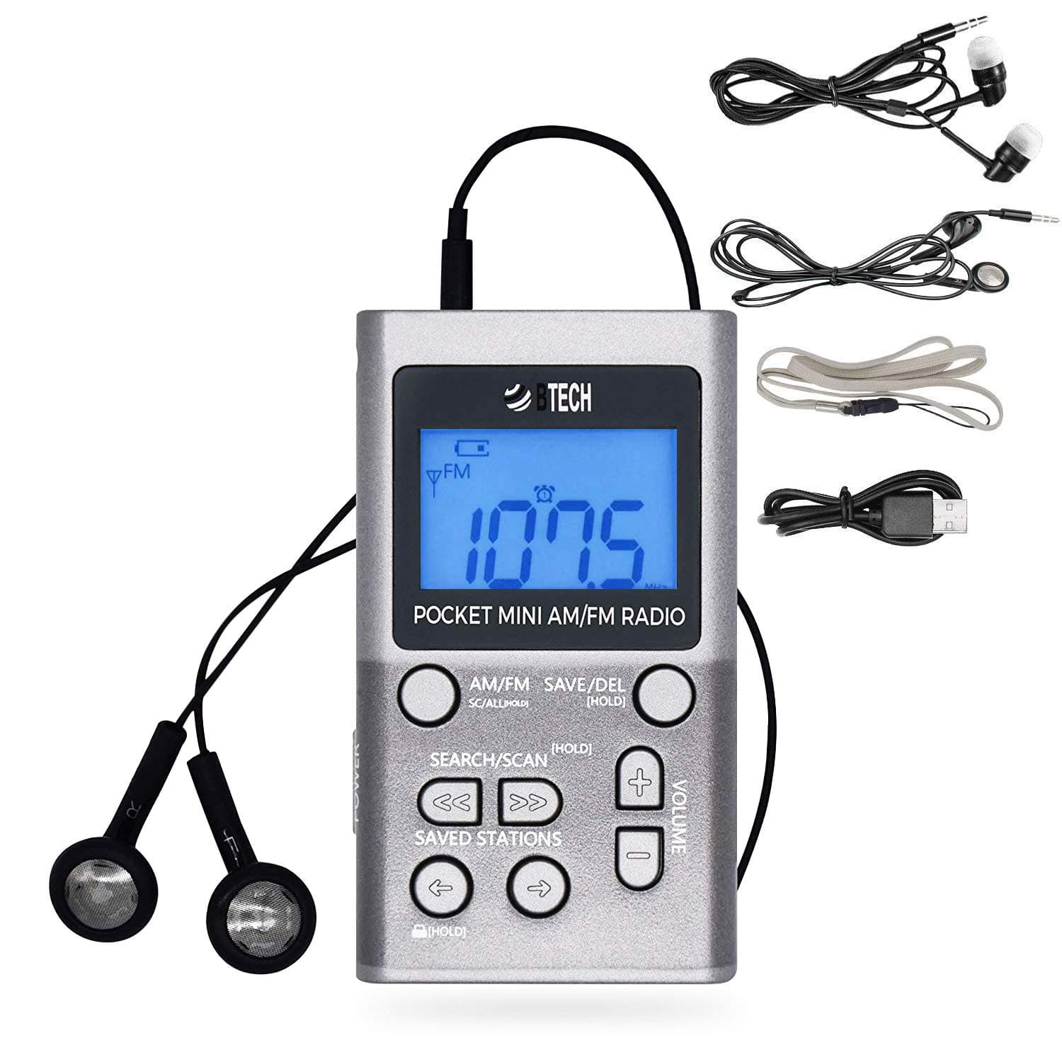 MPR-AF1 AM FM Personal Radio with Two Types of Stereo Headphones, Clock, Great Reception and Long Battery Life, Mini Pocket Walkman Radio with Headphones (Silver)
