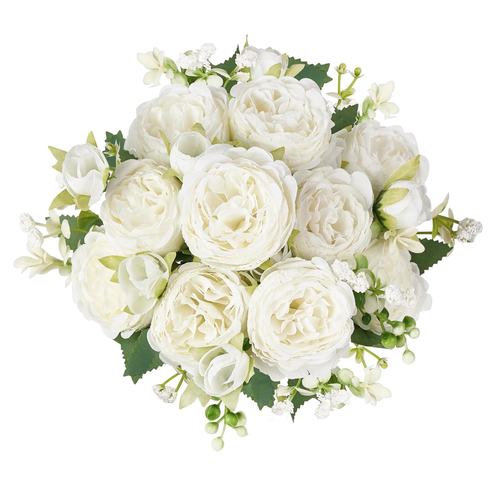 Mkono Peonies Artificial Flowers, Small Silk Flowers for Home Decor Indoor Fake Bouquet Faux Floral Arrangements Dining Table Centerpieces for Kitchen Party Decor White