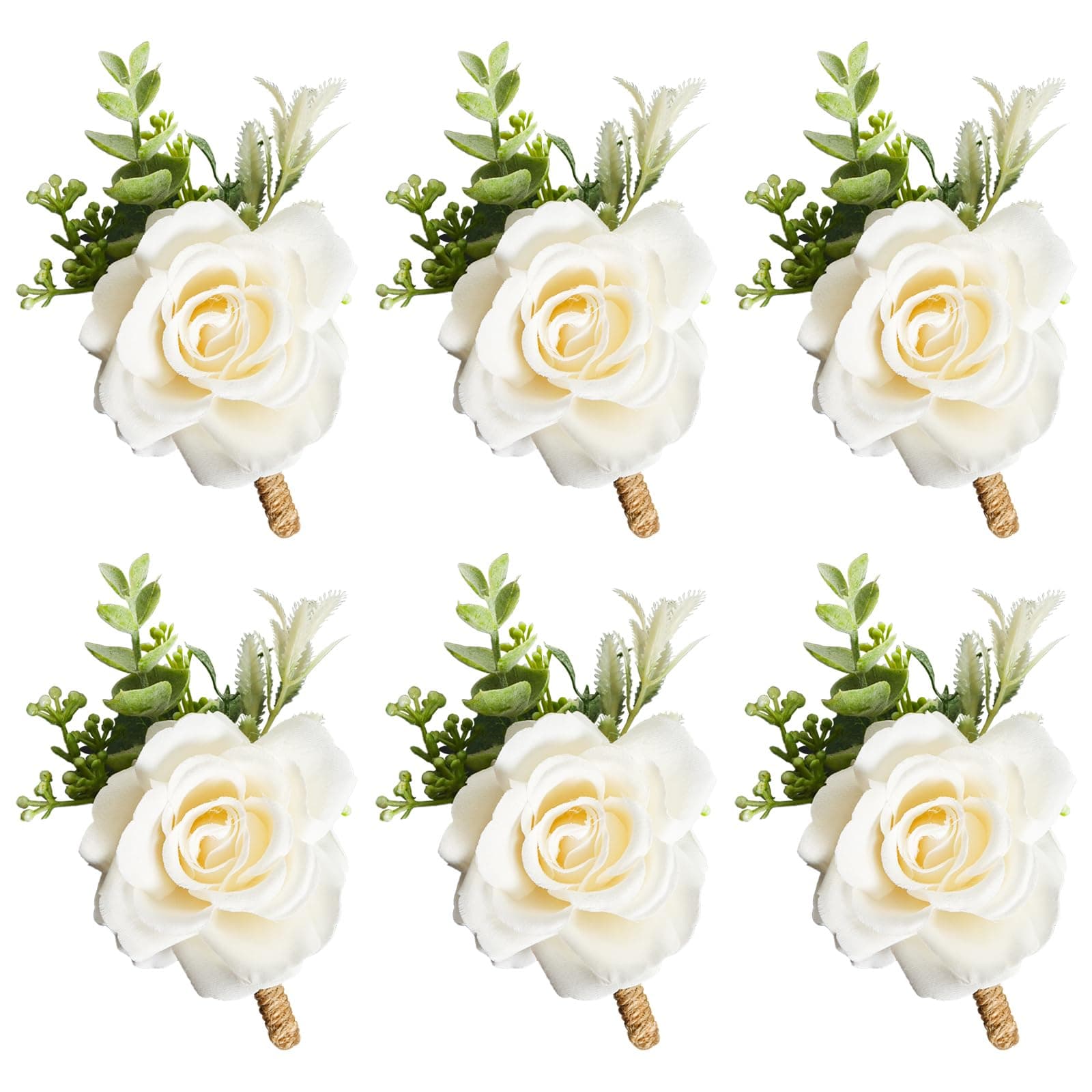 Ivory Rose Boutonniere for Men Wedding Set of 6 Groom Groomsmen Best Man Artificial Flowers Boutonniere for Wedding Ceremony Anniversary Prom Flowers Formal Dinner Party (6, White, Middle)