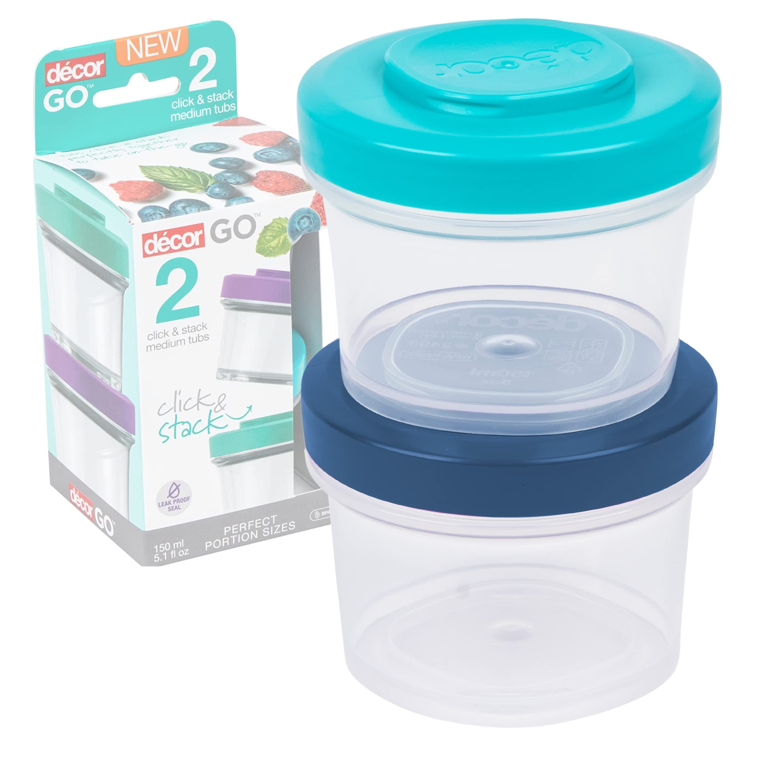 décor Go Click & Snack Tub Medium 150ml 2 Pack |Leak Proof Food Storage Container |BPA Free|Dishwasher, Freezer & Microwave Safe, x 2, Assorted