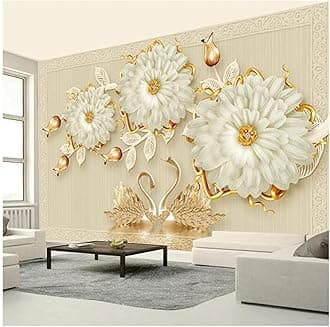 European Luxury Wall Mural, 3D Jewelry Floral Swan Mural Wallpaper Living Room TV Sofa Background Wall Peel and Stick Mural