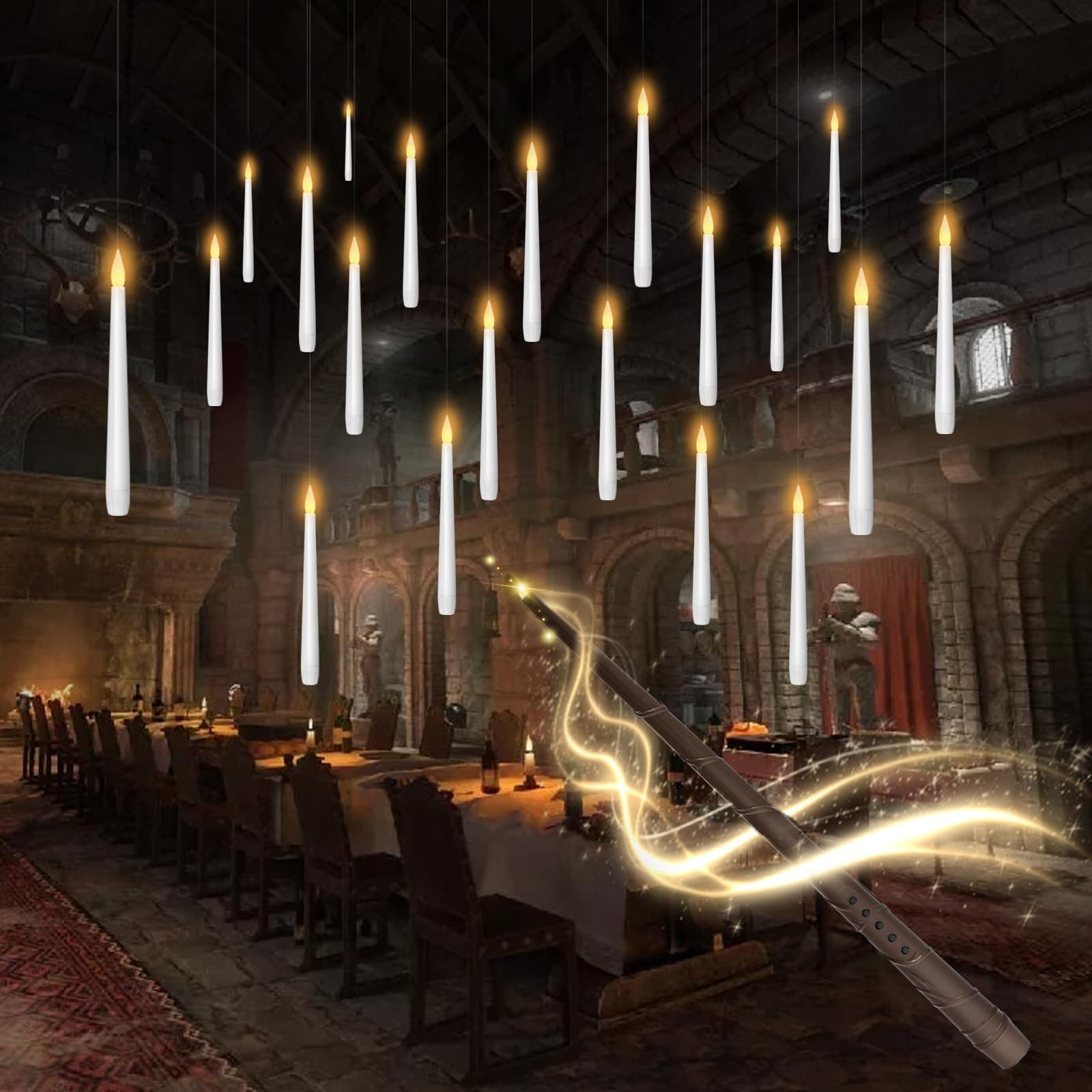 Flameless Floating Candles with Wand，20 Pcs Magic LED Hanging Taper Candles，Flickering Battery Operated Taper Candle with Wand Remote for Halloween Decorations Best Gift（White）