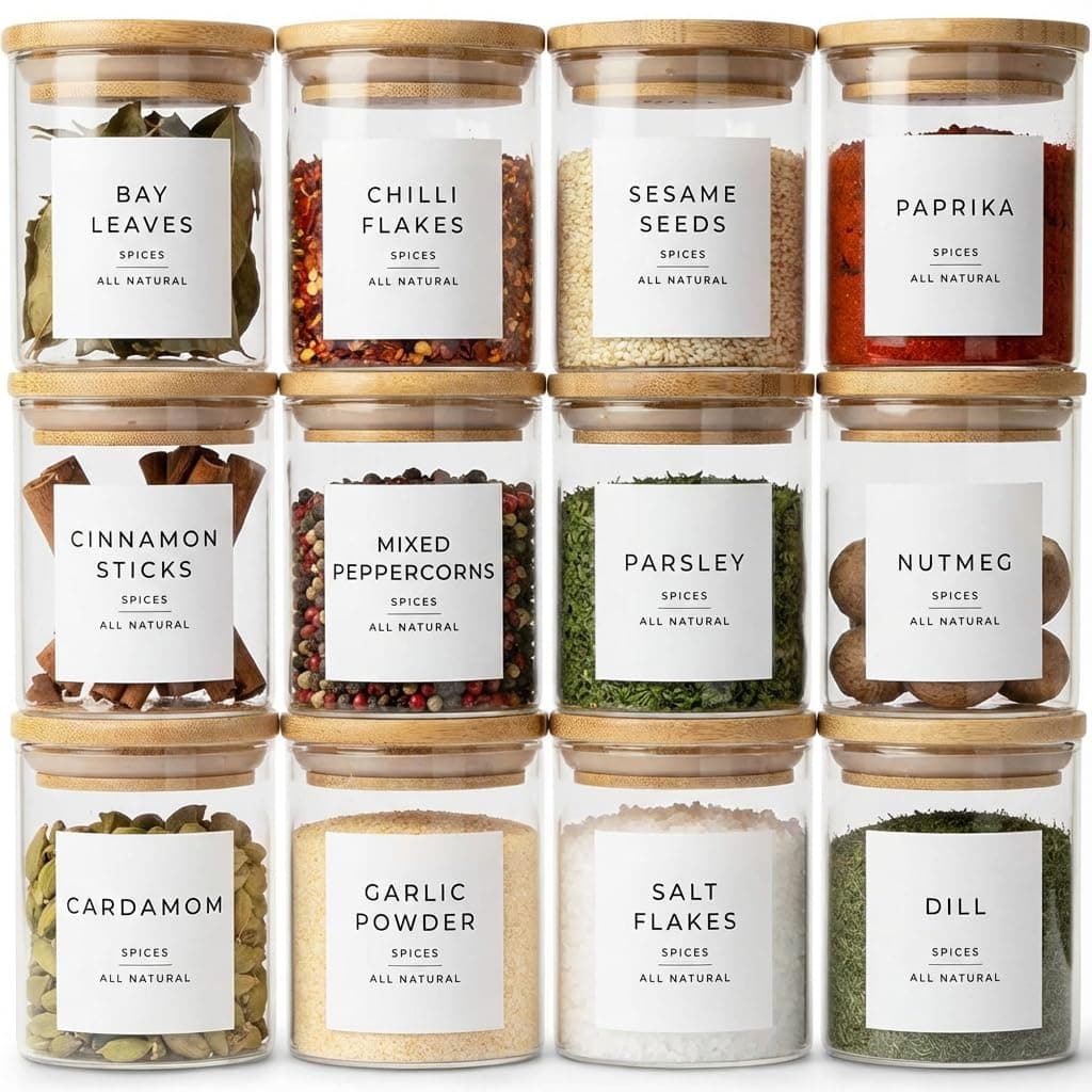 Glass Spice Jars with Lids and Labels – 12 Bamboo Lid Spice Containers - 200ml Airtight Jars with 360 White UK Designed Waterproof Pre-Printed Labels - Complete Herb, Seasoning & Spices Storage