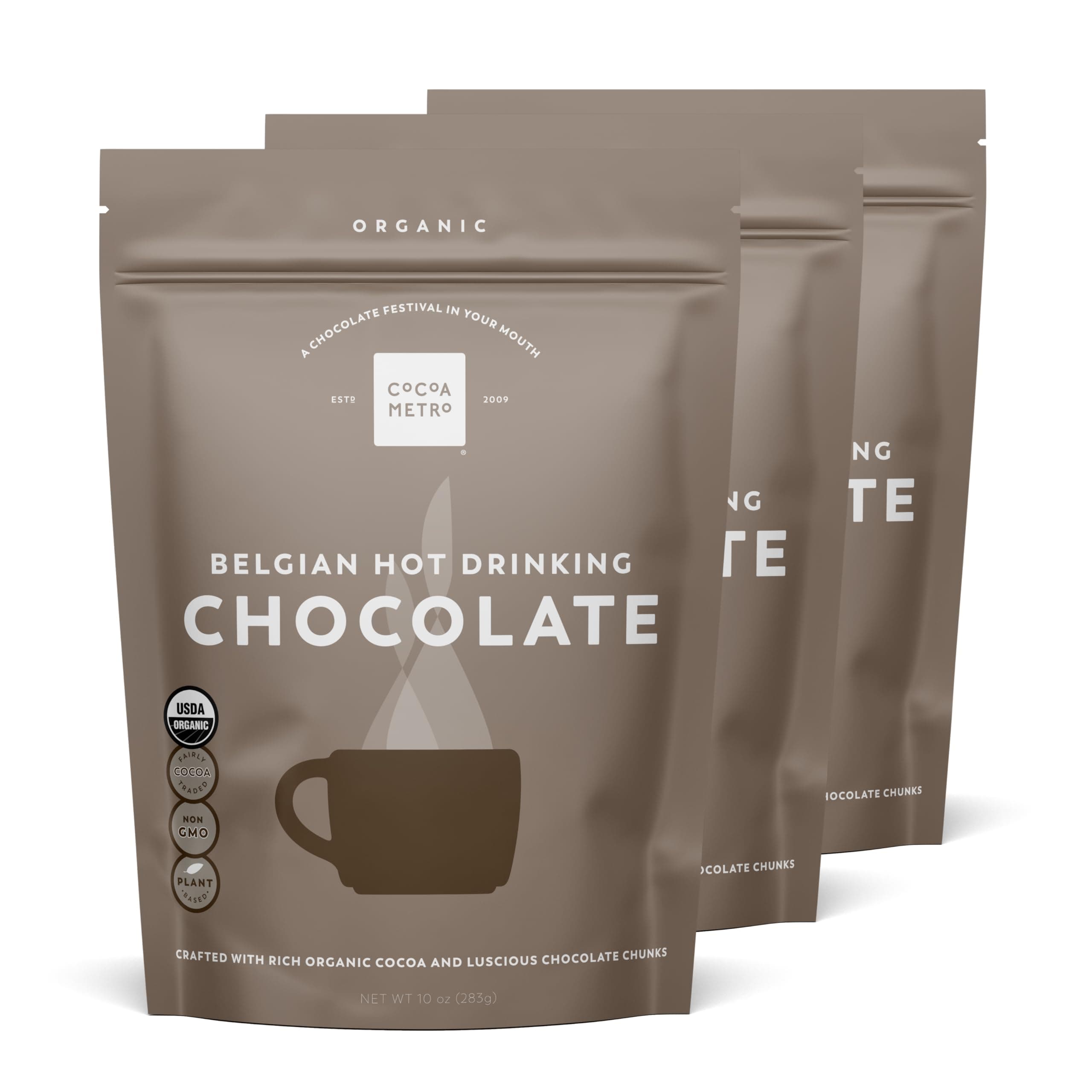 Cocoa Metro Organic Belgian Hot Drinking Chocolate (3-Pack), organic hot chocolate with chunks of rich chocolate, European cacao roasting brings out fullest chocolate flavor, Non-GMO hot cocoa, Not formulated for health benefits but for best chocolate flavor