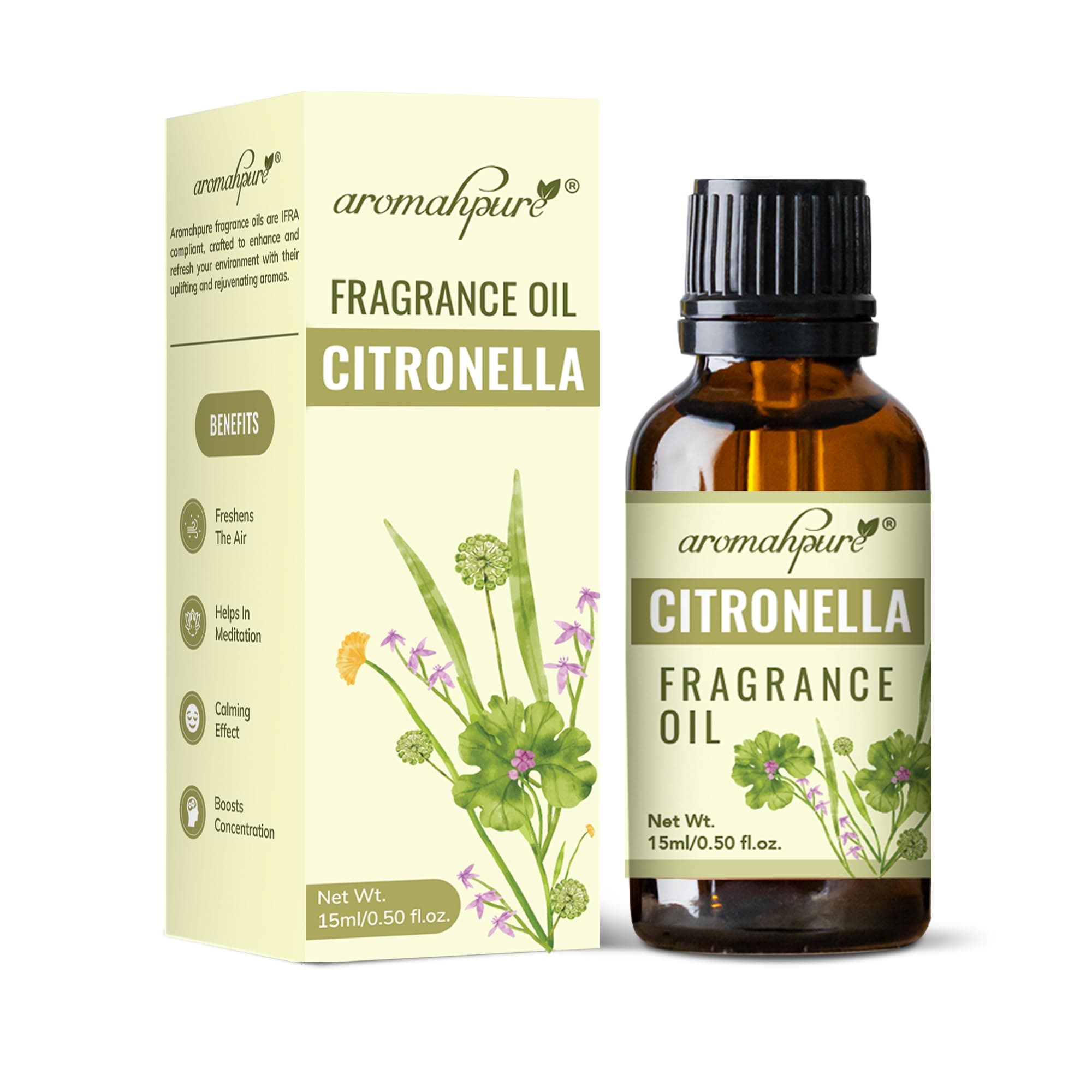 Aromahpure Fragrance Oil | 15 ml | Citronella Aroma Oil for Home Fragrance | Best for Aromatherapy | Helps in Meditation | Used in Diffusers, Candles, Air Fresheners, Soaps, IFRA Certified