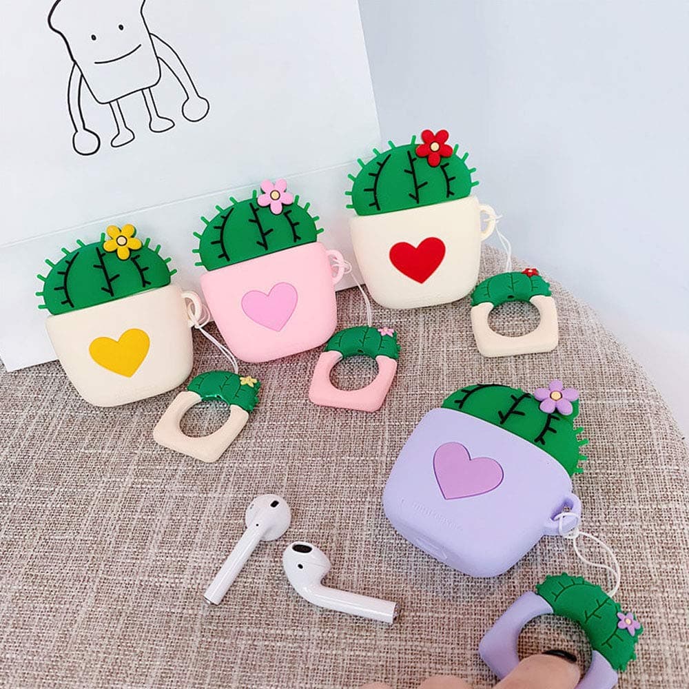 Case Compatible with AirPods 1/2, Super Lovely Creative Plant Flower Cactus Shape Soft Silicone Case Cover Protective Skin for AirPods+Ring Lanyard -Pink Heart