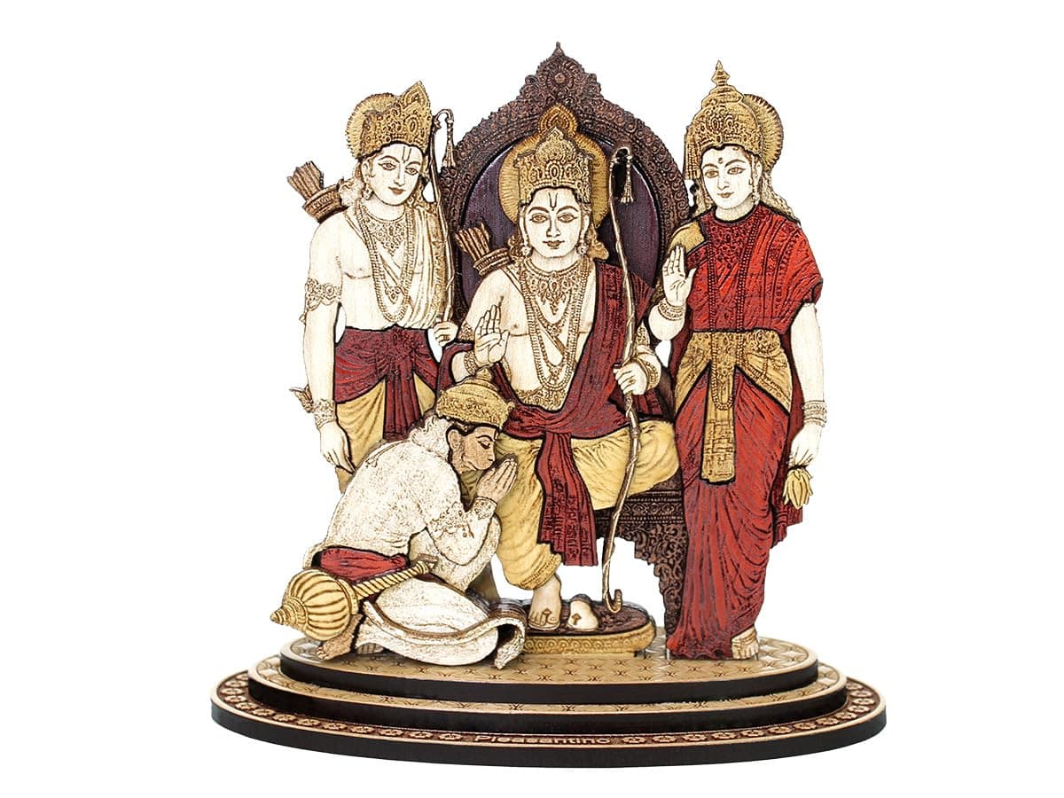 4 Inch Ram Darbar Wood Carved Statue in Exotic Hard Woods - Multi Layered Hand Made Wooden Ram Ji Family Wooden Idol with Hanuman for Car Dashboard, Home, Office, and Travel