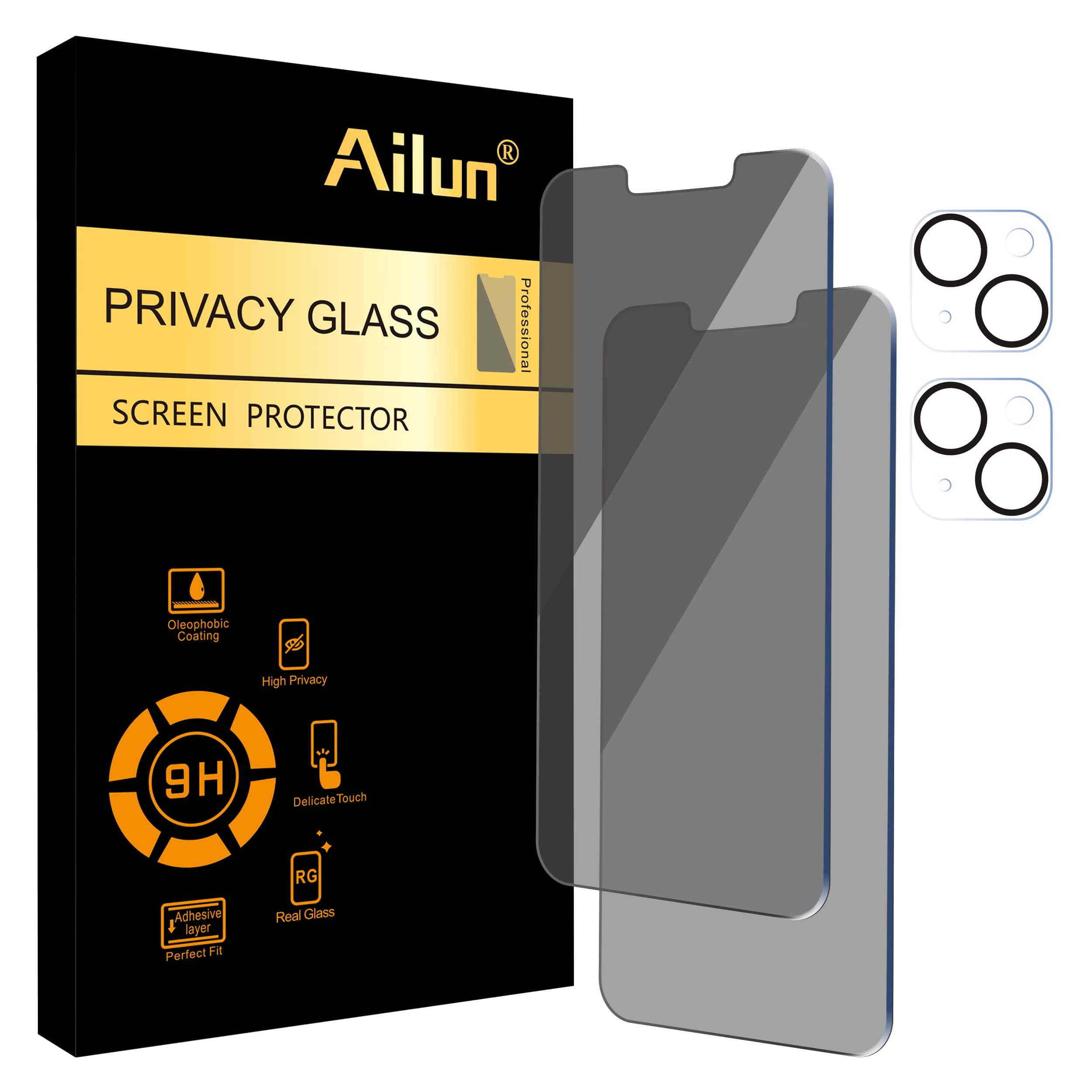 Ailun 2Pack Privacy Screen Protector Compatible for iPhone 14 Max[6.7 inch] + 2 Pack Camera Lens Protector, Anti Spy Private Tempered Glass Film, Case Friendly, [9H Hardness] - HD [Black]