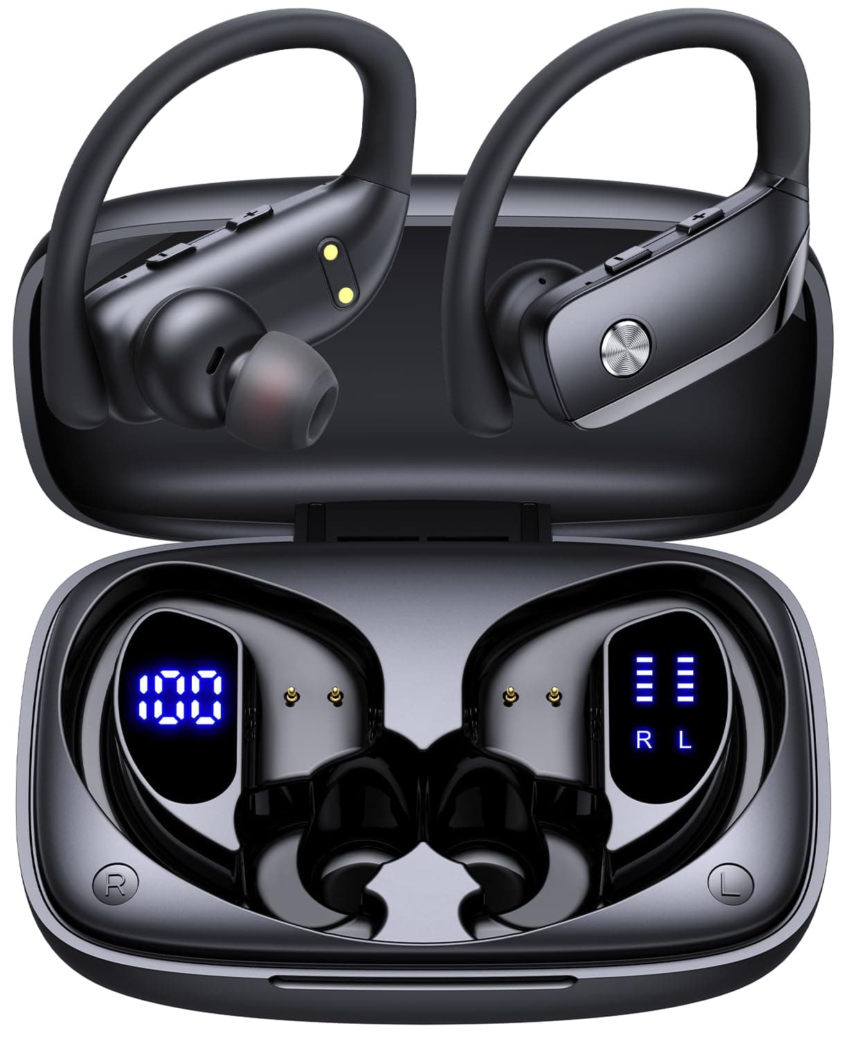 Wireless Earbuds Bluetooth Headphones Over Ear Hooks Ear Buds with 80H Playtime, LED Power Display, Dual Mic Clear Calls, Sports Wireless Ear Buds Bluetooth Earbuds for Running Gym Workout Black