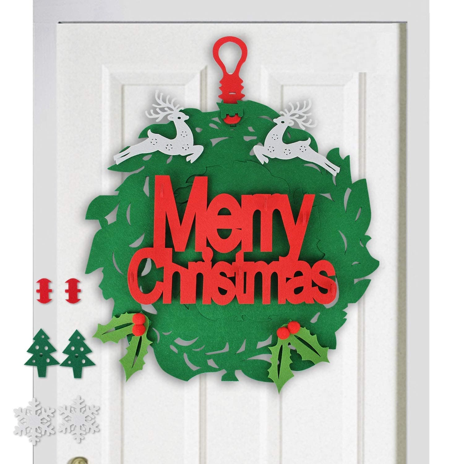 C Appok Felt Christmas Wreath for Front Door - Xmas Wreaths Window Decal Wall Hanging Decoration with 8pcs Ornaments - 16Inch Merry Christmas Hanging for Holiday Party, Home Decor