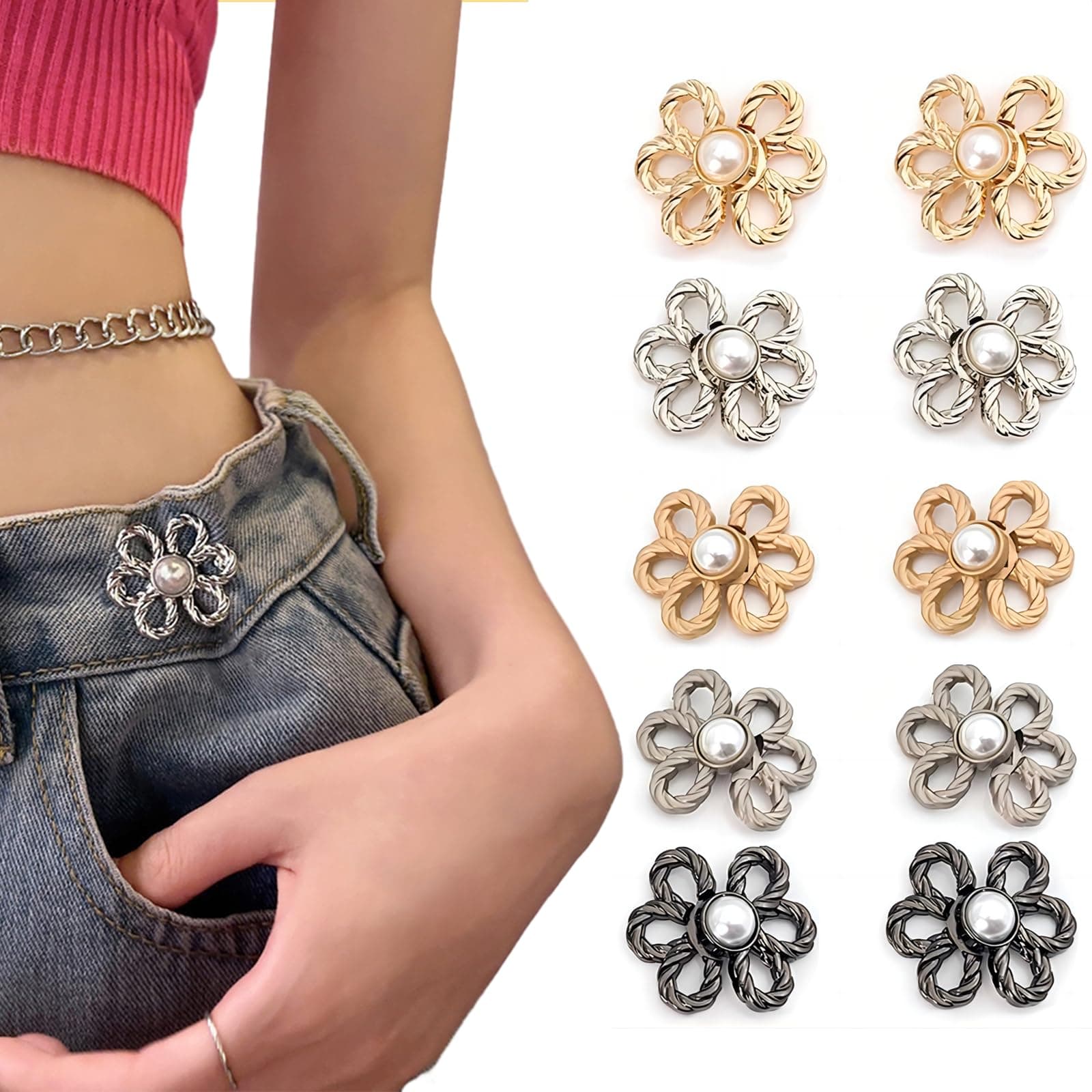 Flower Jeans Button 10 Sets Pant Waist Tightener, Adjustable Waist Buckle Sets No Sew and No Tools Detachable Decorative Waist Buckles, Jean Buttons Pins for Loose Jeans, Pants, Skirts (No Sew)