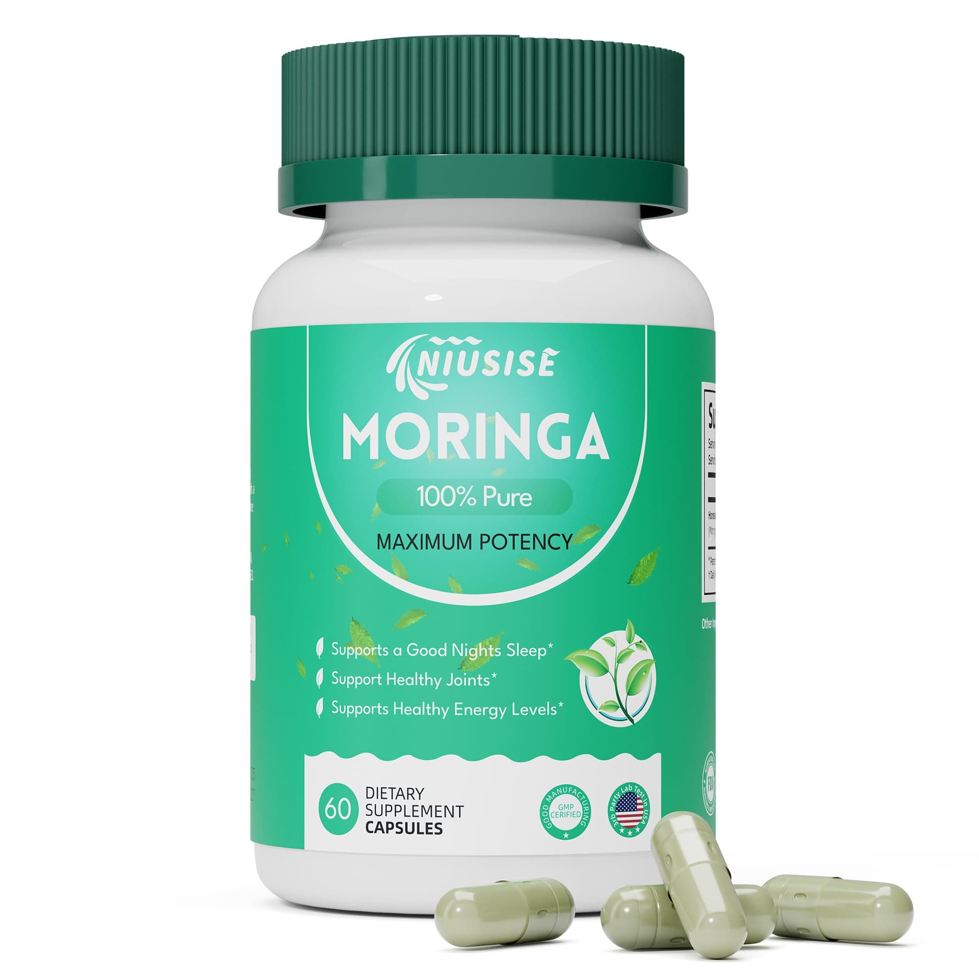 Moringa Powder Capsules, Organic Supplement 800mg Green Superfood from Moringa Leaf, Super Supplement Supports for Energy, Gut & Skin Health, Essential Vitamins, Vegan - 60 Capsules