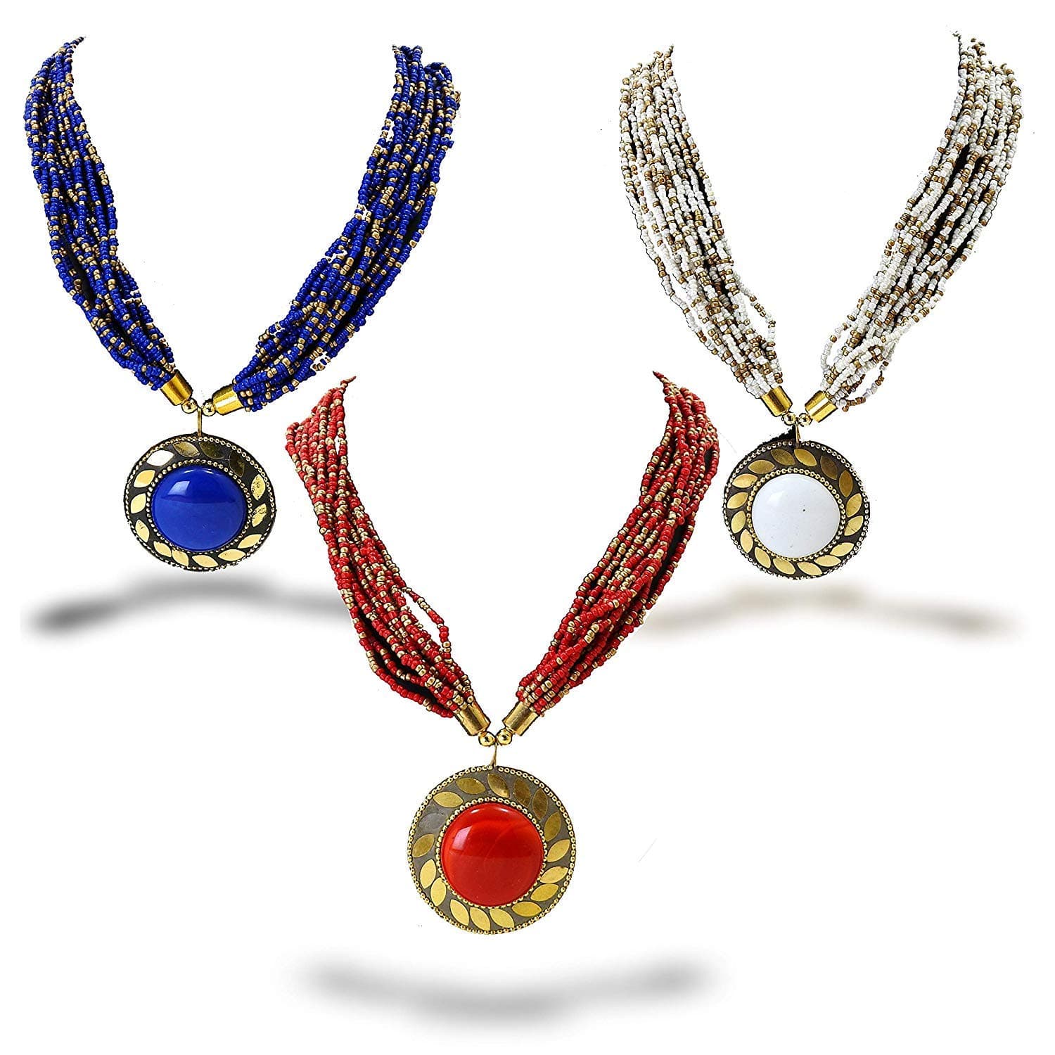 vaghbhatt Non-Precious Metal, Tibetian Beads Oxidized Silver Pearl Necklace for Women (Blue, Red and White)