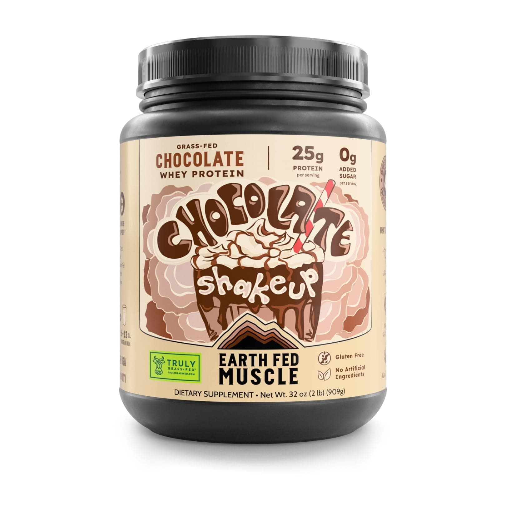 Earth Fed Muscle Chocolate Shakeup Truly Grass Fed Whey Protein Isolate NSF-Certified. No Artificial Ingredients, Soy Free, Gluten Free, Non-GMO and Hormone Free (2 Pound, 29 Servings, Chocolate)