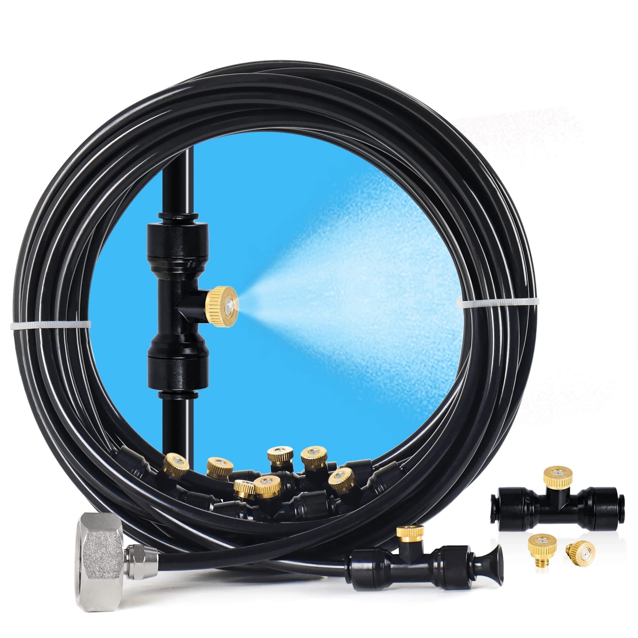 Bonviee Misters for Outside Patio, 26FT (8M) Patio Misting System, Outdoor Misters for Patio Cooling, 7 Brass Mist Nozzles, 3/4" Adapter, DIY Water Misters for Cooling Outdoor Garden Greenhouse