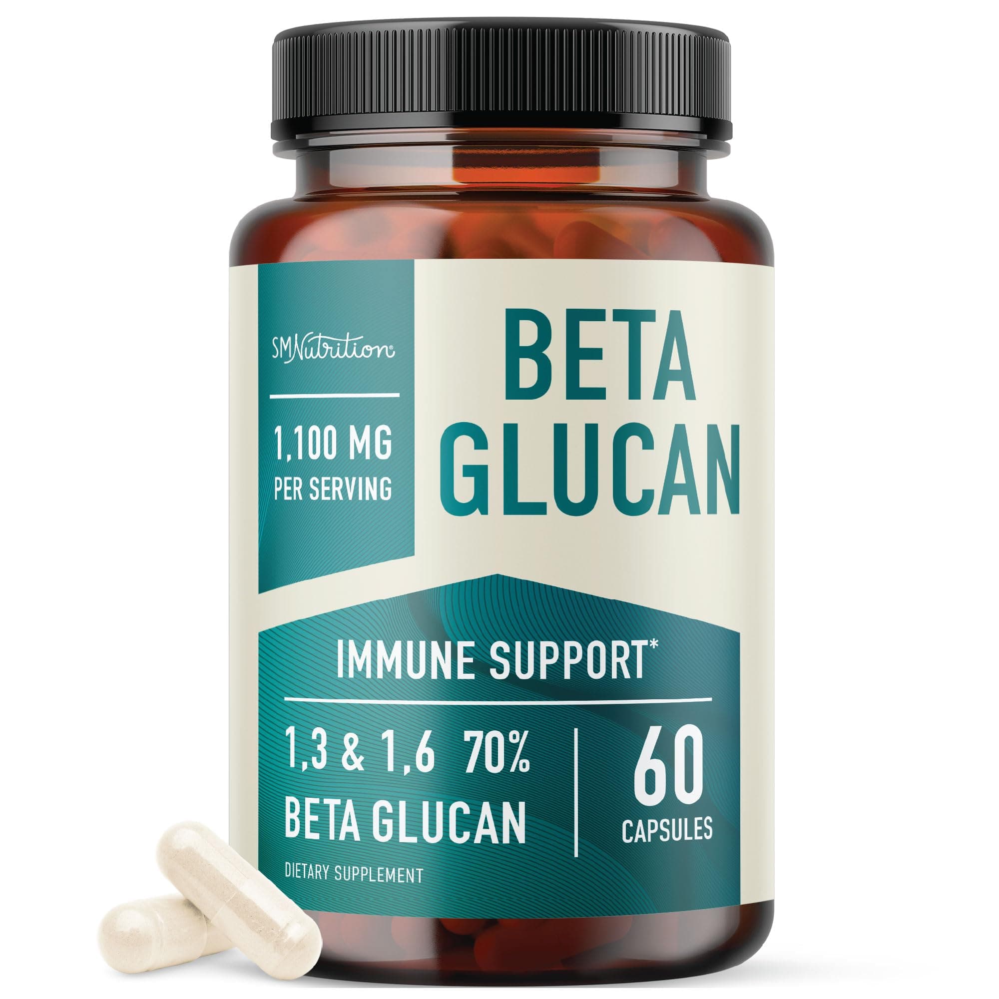 Beta Glucan Supplement 1100mg for Immunity, Skin & Gut Support | 1,3D & 1,6 Beta Glucans Extra Strength Formula | 85% Concentrated & Over 500mg Per Capsule | Non-GMO, Vegan, Gluten-Free 60ct