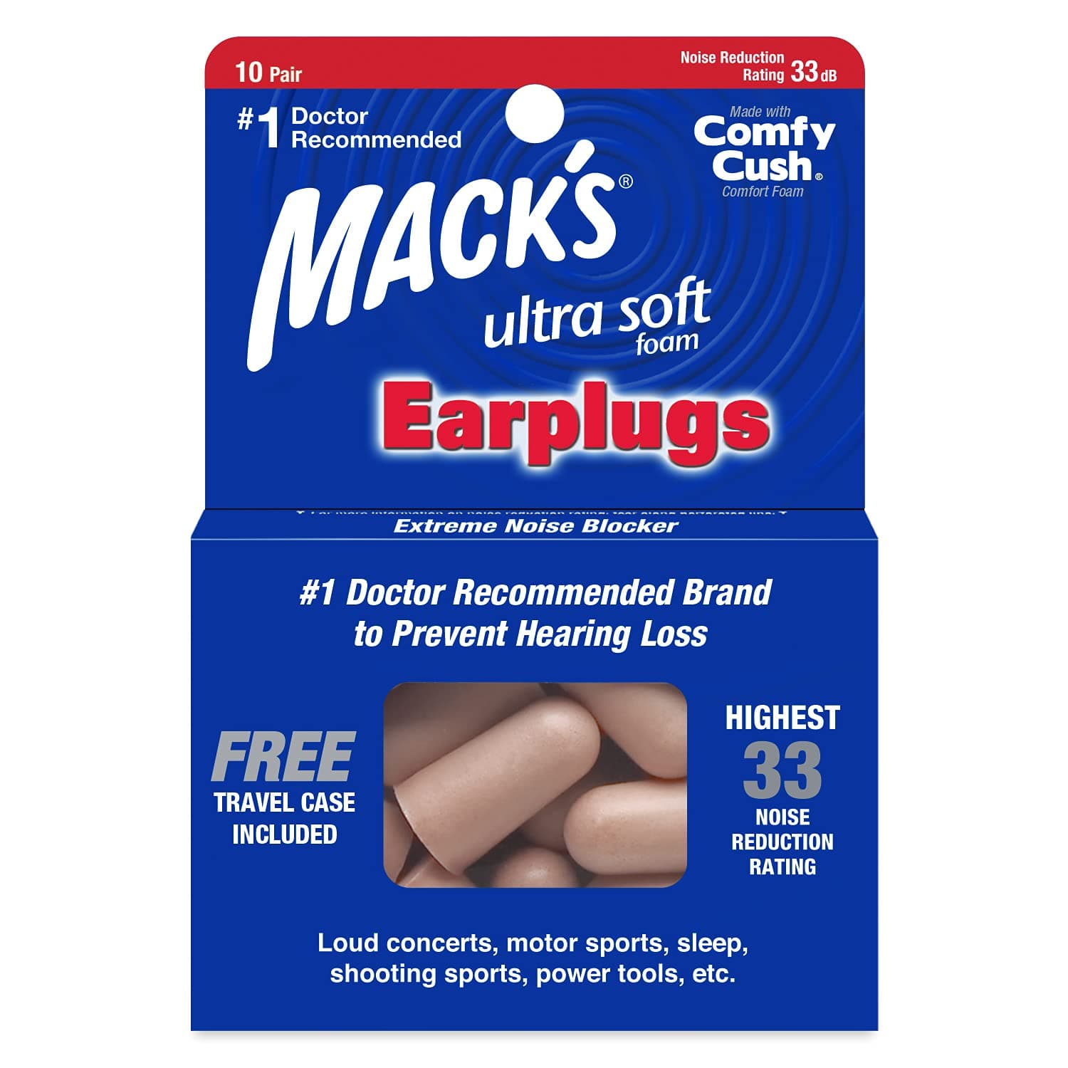 Macks Safesound Ultra - Soft Foam earplugs - 10 Pairs - Free Travel Case (10 Pairs)