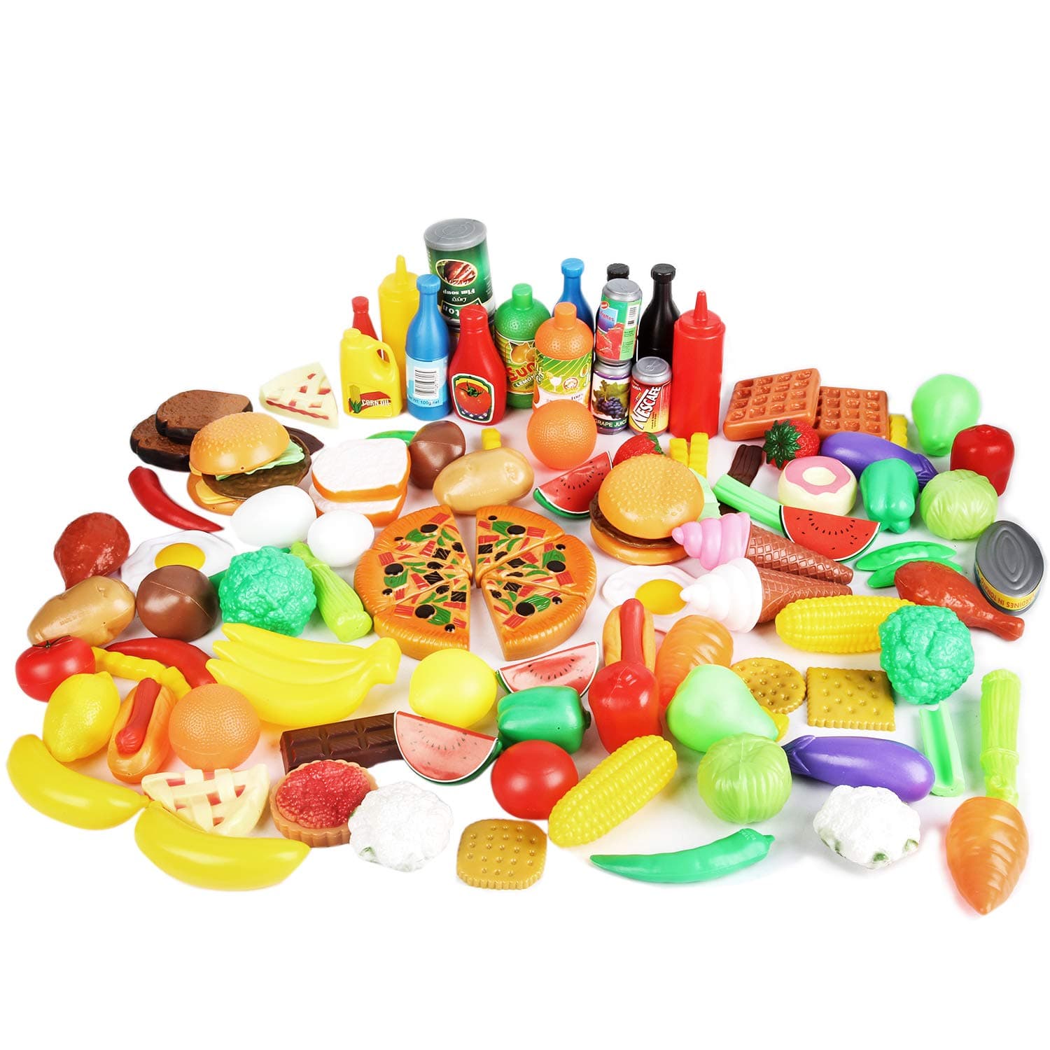 Tplay Play Food Variety Pretend Food Durable Toy Food Set for Kids Toddler Play Kitchen Outdoor Picnic Foods Accessories Plastic Vegetable Toys Playset Portable Mesh Bag 120 Piece