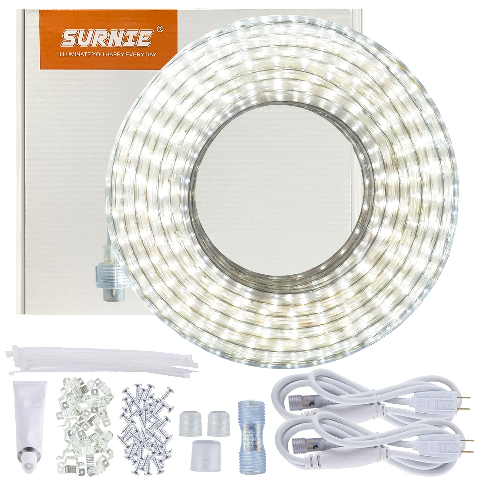 SURNIE 50ft LED Rope Lights Outdoor Waterproof, 110V Flexible Daylight White Bright Lighting Cuttable Connectable, Cool Clear Flat Strip Light 6000K for Outside Deck Patio Camping Decor, Not Tube Rope