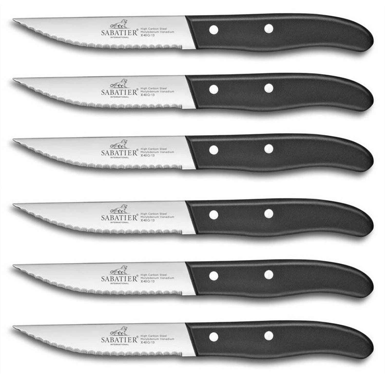 Sabatier International Set of 6 Steak Knives 12.5cm, Micro-serrated Stainless Steel Blades, Black Polypropylene Handles