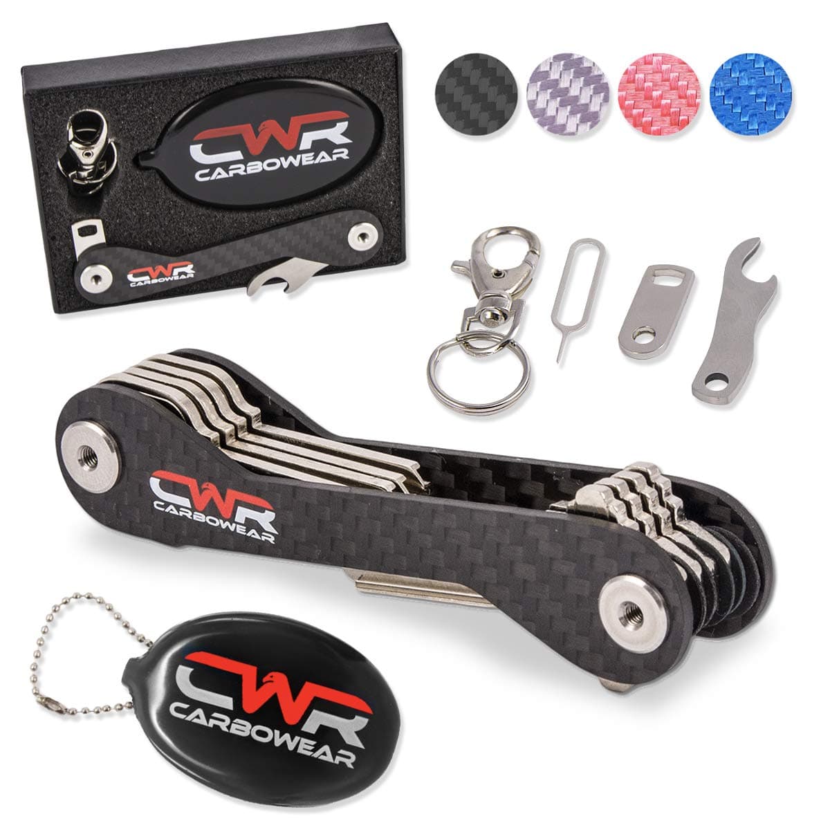 Compact Smart Key Holder Organizer -UP to 22 Keys for House, Mailbox, Locks - Carbon Fiber Key Organizer Keychain -Easy Assembly -with Fob Car Loop, SIM & Bottle Opener, Carabiner, Coin Holder (Black)