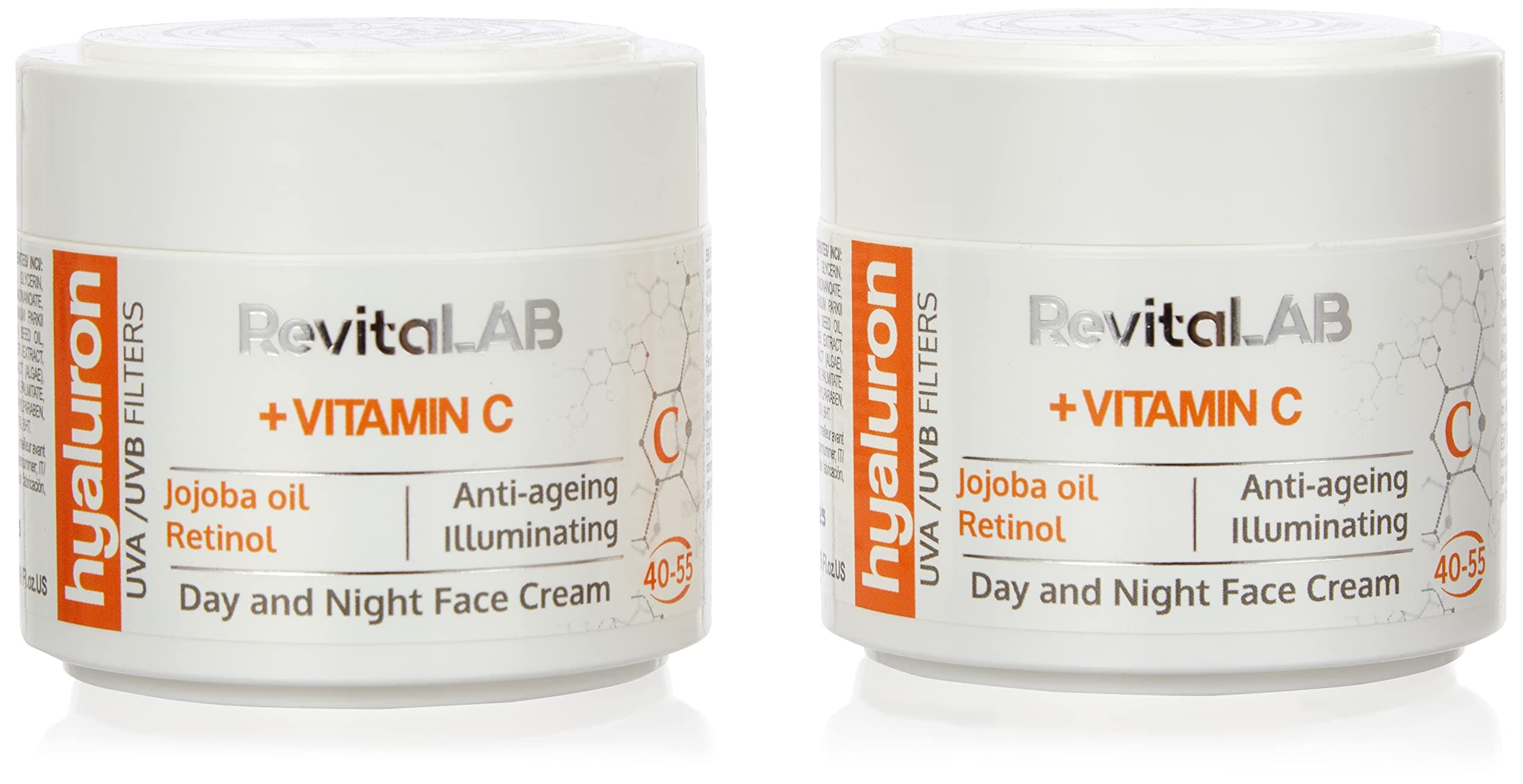 RevitaLAB Hyaluron Anti-Ageing Day and Night Cream, Enriched with Vitamins A, B3, B5, E, C, Jojoba Oil and UV Filters, for Ages 40 – 55, 2x 50 ml (Multipack)
