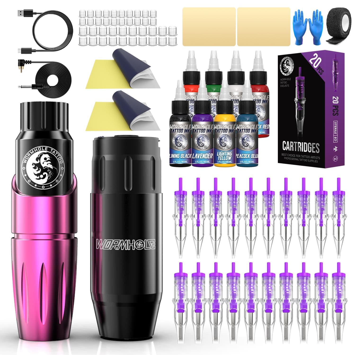Cordless Tattoo Machine, Completely Tattoo Gun Kit with Tattoo Battery Power Supply 20PCS Cartridge Needles 8PCS Colorful Ink TK127