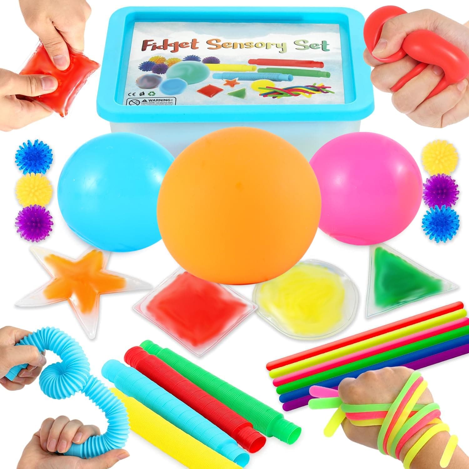 Easter Basket Stuffers ZaxiDeel Sensory Toys for Autistic Adults, 23 Pack Fidget Toys - Pop Tubes, Bean Bags, Giant Stress Ball, Squeeze Ball, Spiky Sensory Balls and Stretchy Strings Set