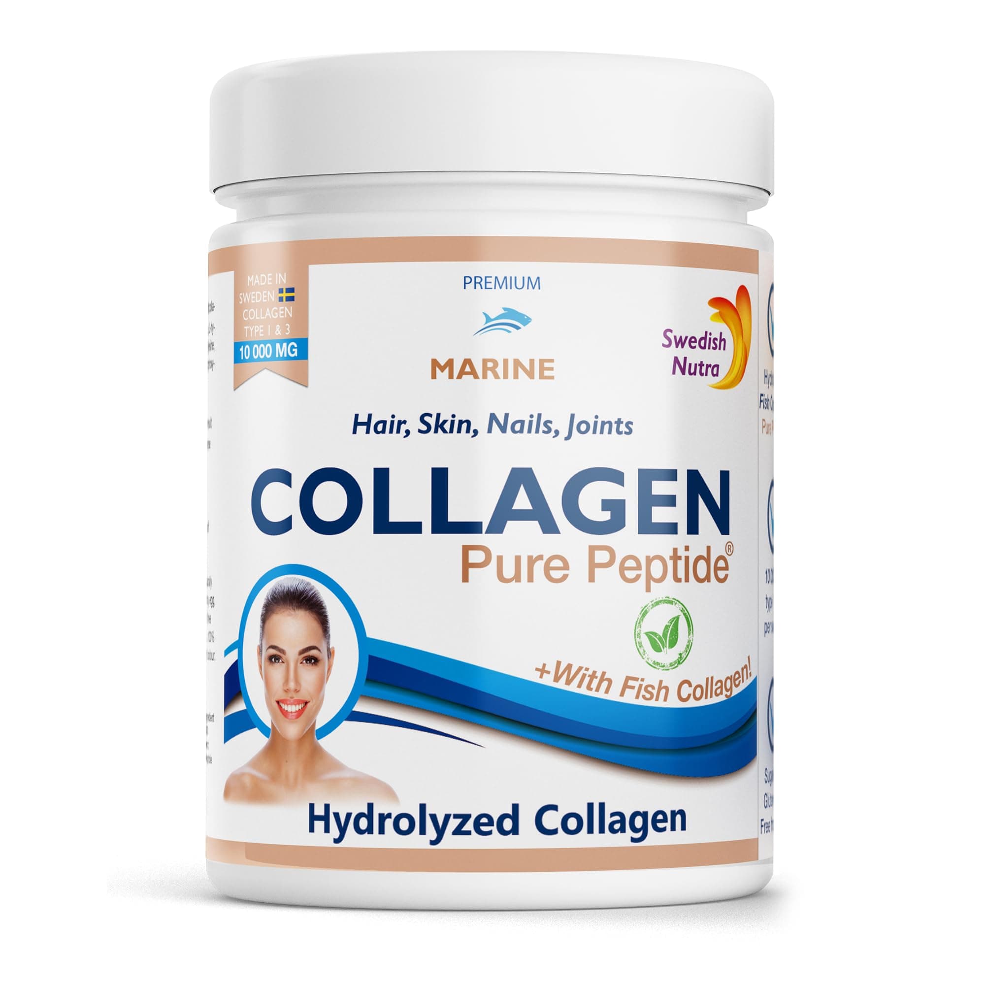 Hydrolyzed Marine Collagen Powder, 10,000 mg Supplement - 30 Day Supply, 300g Pack | Type 1 & 3 Collagen & Pure Peptide | Healthy Hair, Skin, Nails, Joints I 100% Natural & Gluten Free