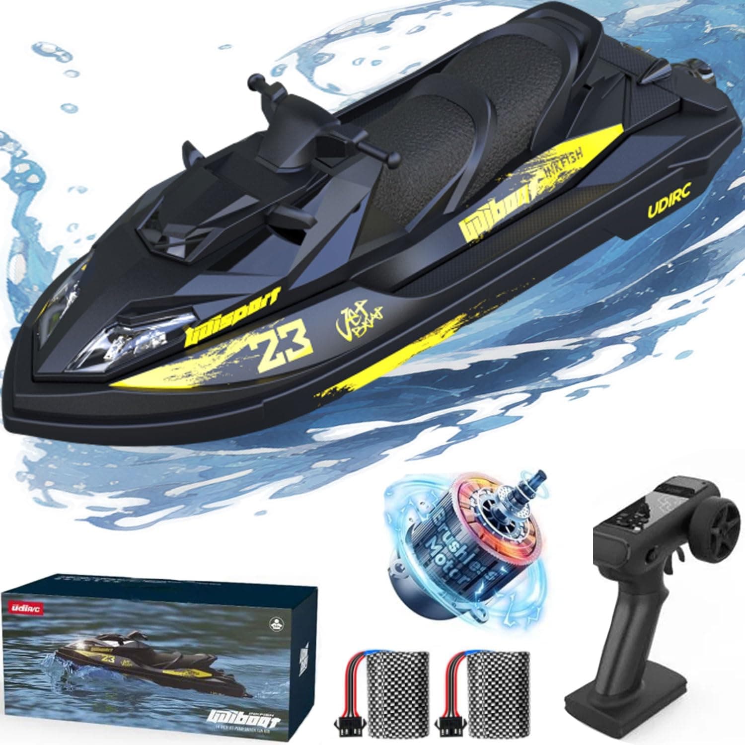 RC Turbo Jet Boat 25+KPH Brushless, 2.4GHz Adult RC Jet Ski, RC Boat for Pools, Lakes and Rivers with 2 Batteries, LED Light, Low Battery Alarm