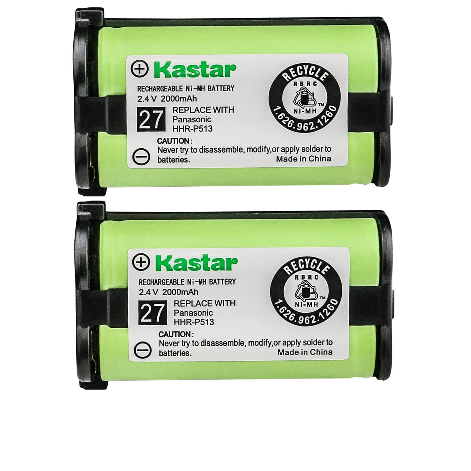 HHR-P513 Battery (2-Pack), Type 27, NI-MH Rechargeable Cordless Telephone Battery 2.4V 2000mAh, Replacement for HHR-P513 HHR-P513A HHR-P513A1B HRR-P513A1B KX-TG2208 Etc.