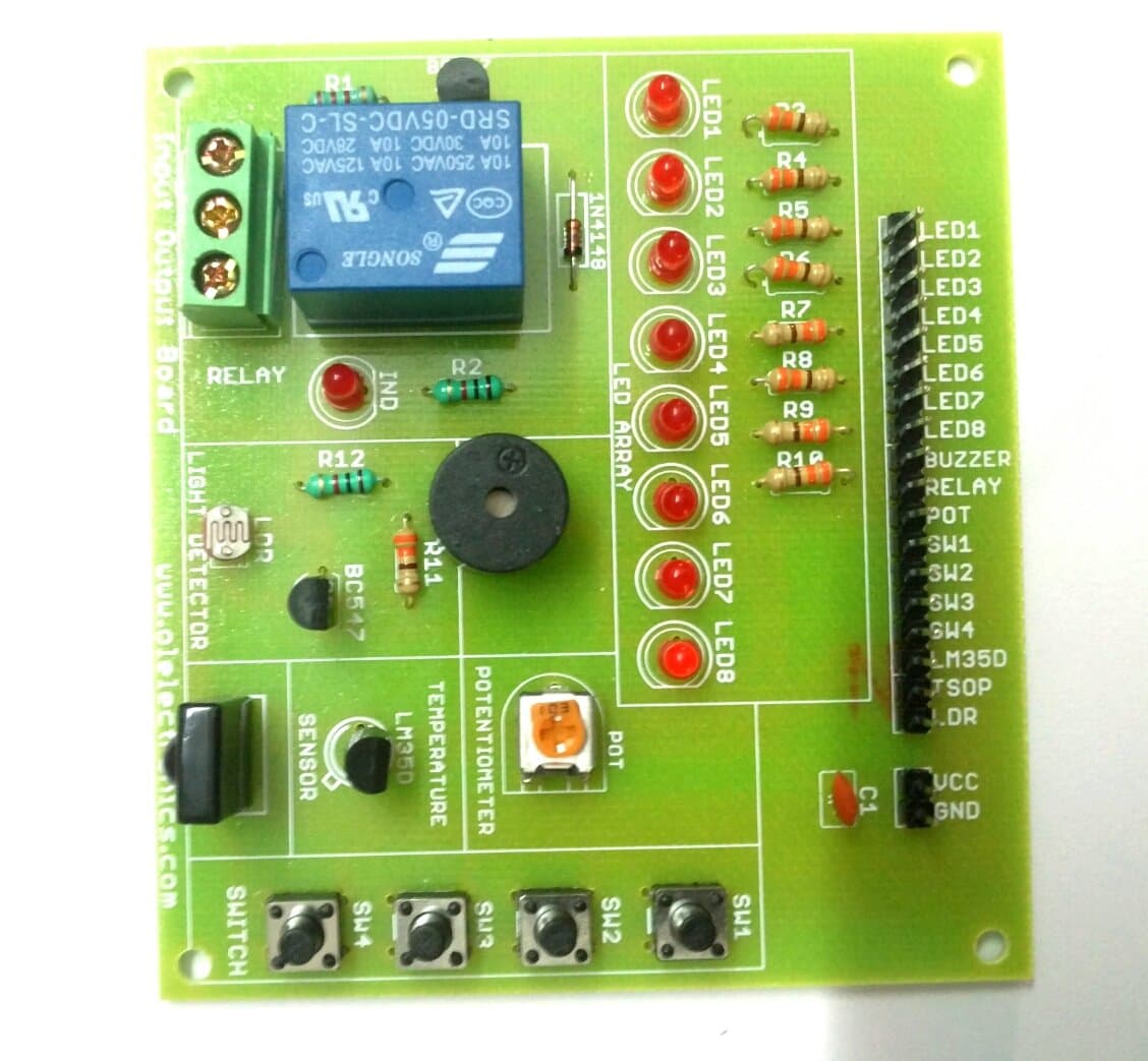 OLatus Expansion Testing Interface Board with Relay, LED, Switch, Buzzer, LDR, Temperature Sensor and TSOP for Arduino