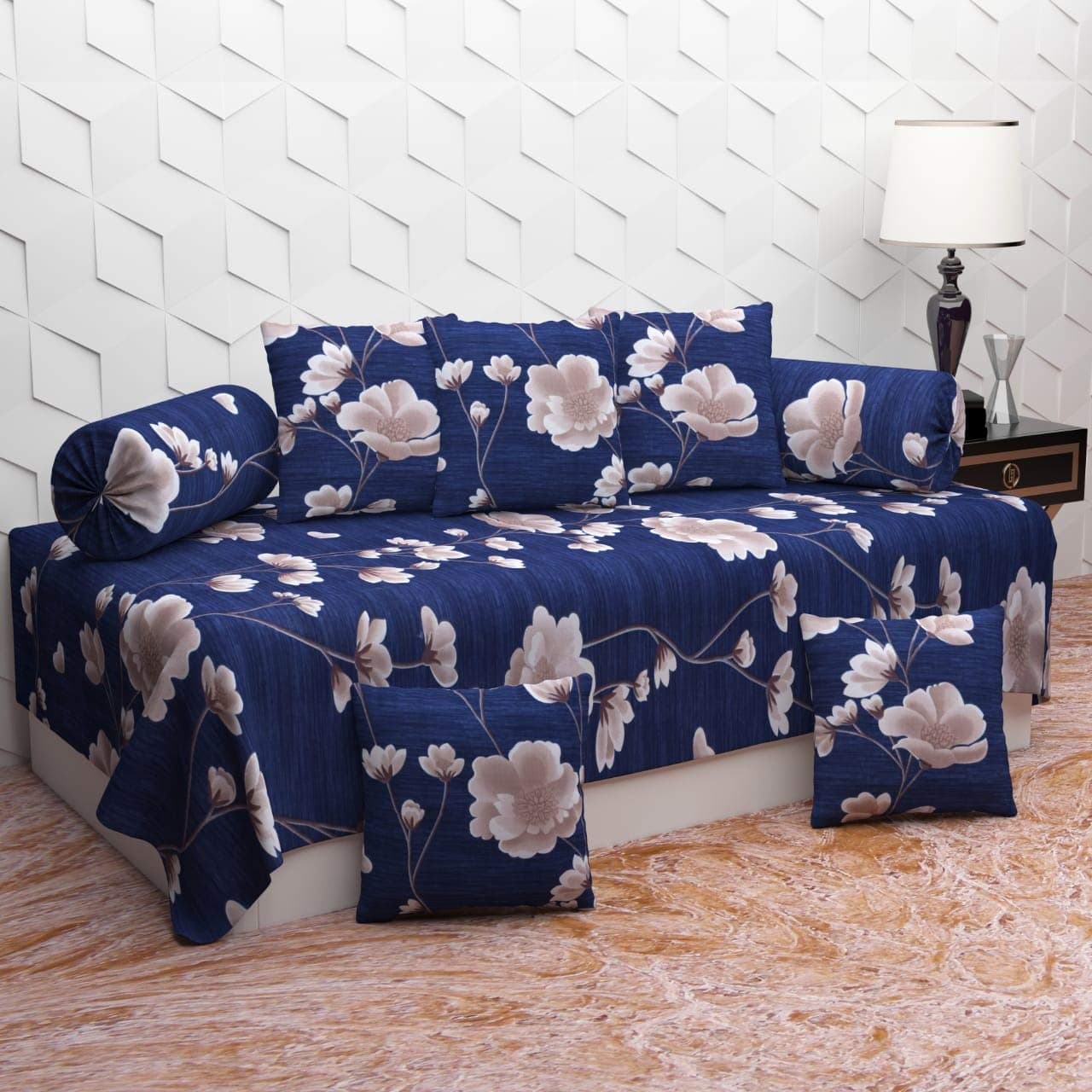 Jyotaksh 200TC Diwan Set Cotton 8 Piece | Deewan Printed Bedsheet Sets for Living Room Hall (Set of 8 Piece, 1-Bed Sheet 60x90 Inch | 2-Bolster Cover 16x32 Inch | 5-Cushion Cover 16x16 Inch)(AM-20)