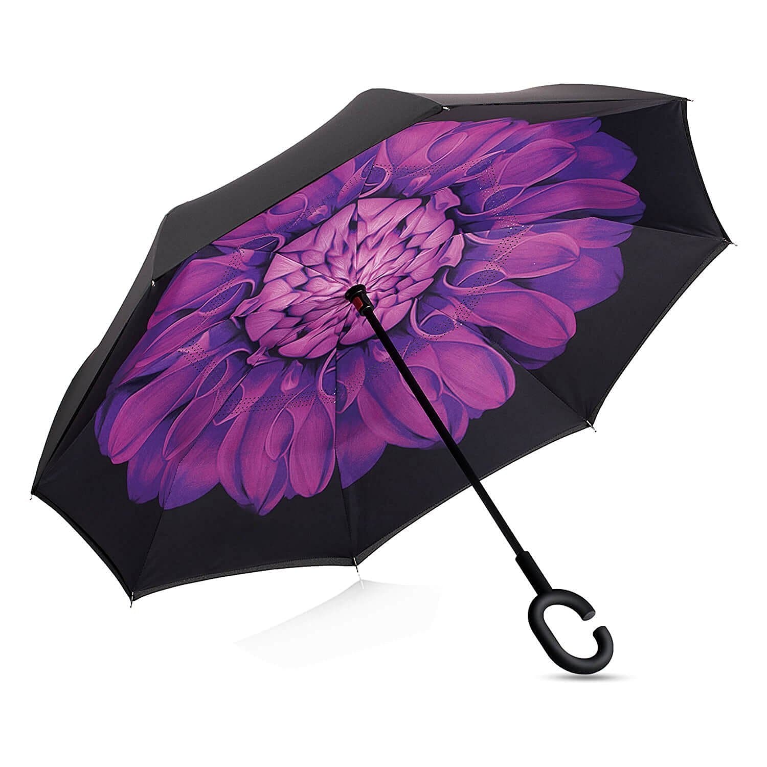 EverKing Inverted Umbrella Double Layer Cars Reverse Umbrella, Windproof UV Protection Big Straight Umbrella for Car Rain Outdoor with C-Shaped Handle (Purple Flower)