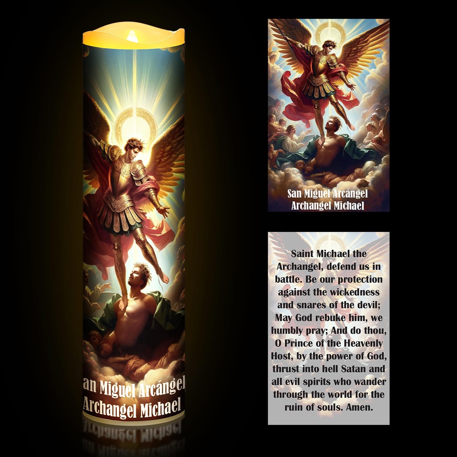 Catholic Prayer Candle and Card Set 8" LED Flameless Prayer Candle Devotional Religious Card Decoration Gifts for Easter Passover Halloween Christmas Activities(St. Micheal)