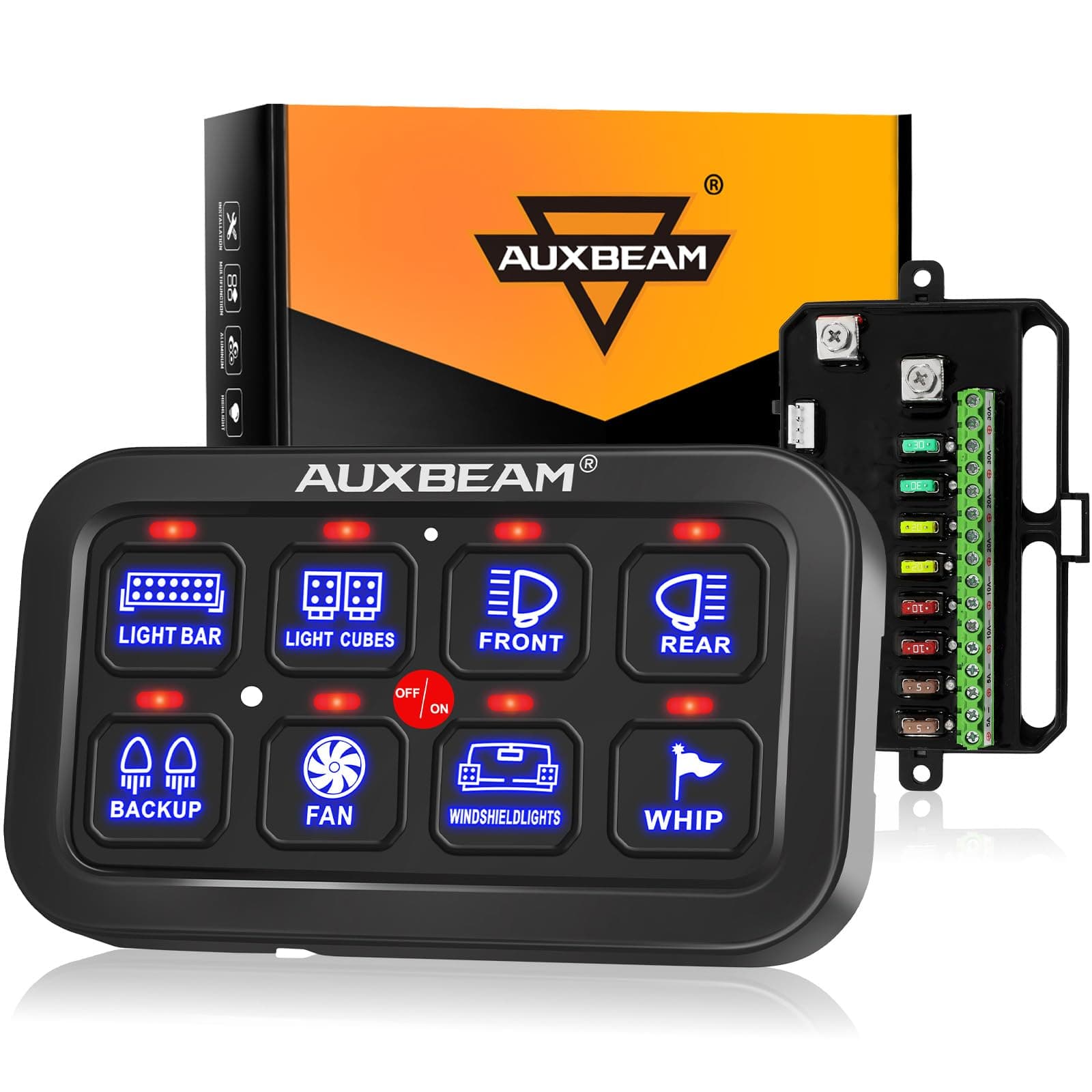 Auxbeam 8 Gang Switch Panel BA80 Auto Dimmable LED Touch Control Panel Box Electronic Relay System Car Touch Switch Box Universal for Truck ATV UTV Boat Marine SUV Caravan - Blue, 2 Year Warranty
