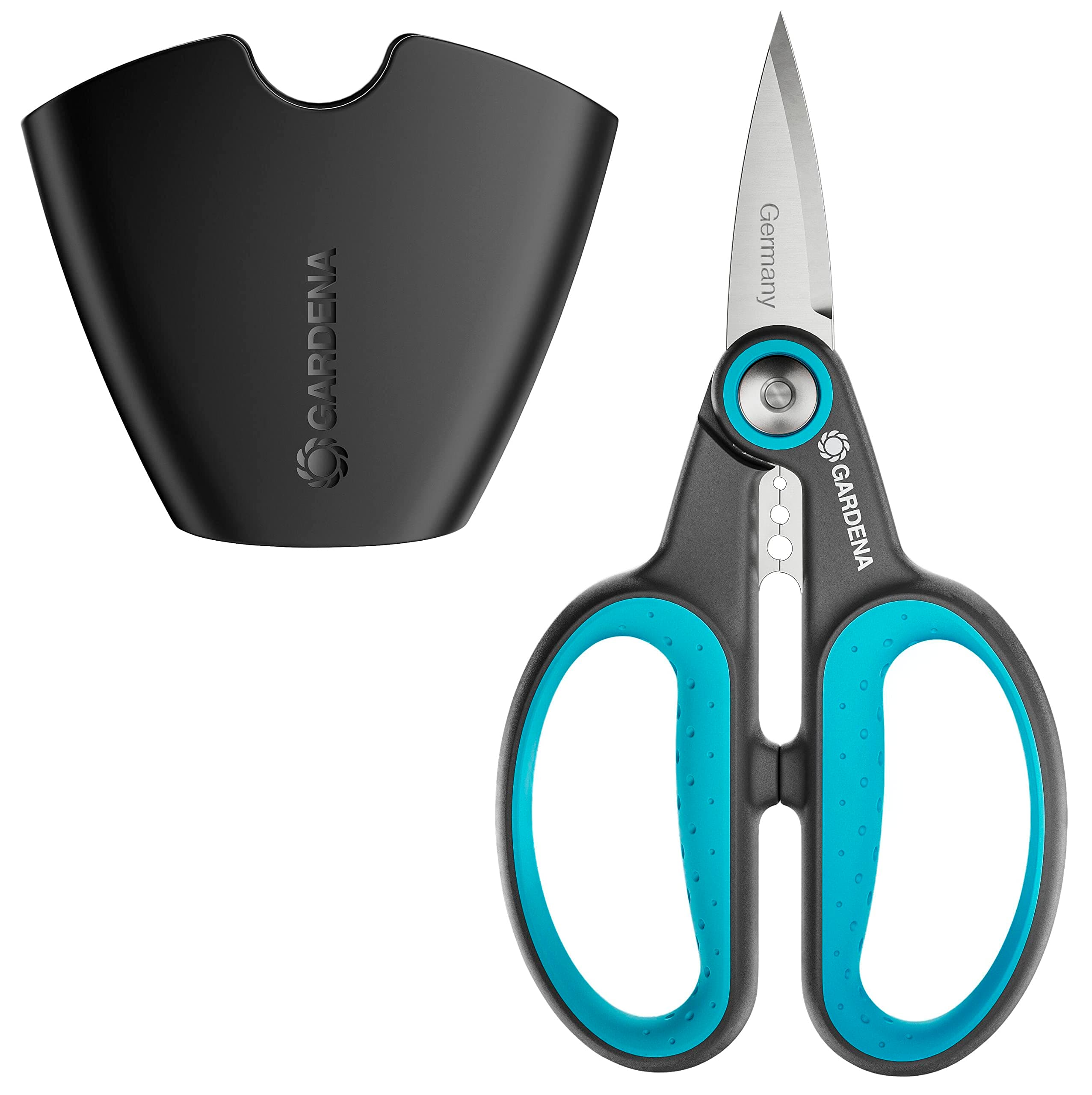 Gardena HerbCut Set: Stainless Steel herb Scissors for Cutting Woody Herbs, 52 mm Blades, Handles Made of Recycled Plastic, with Leaf Stripper, incl. Holster for Easy Storage (12214-36)