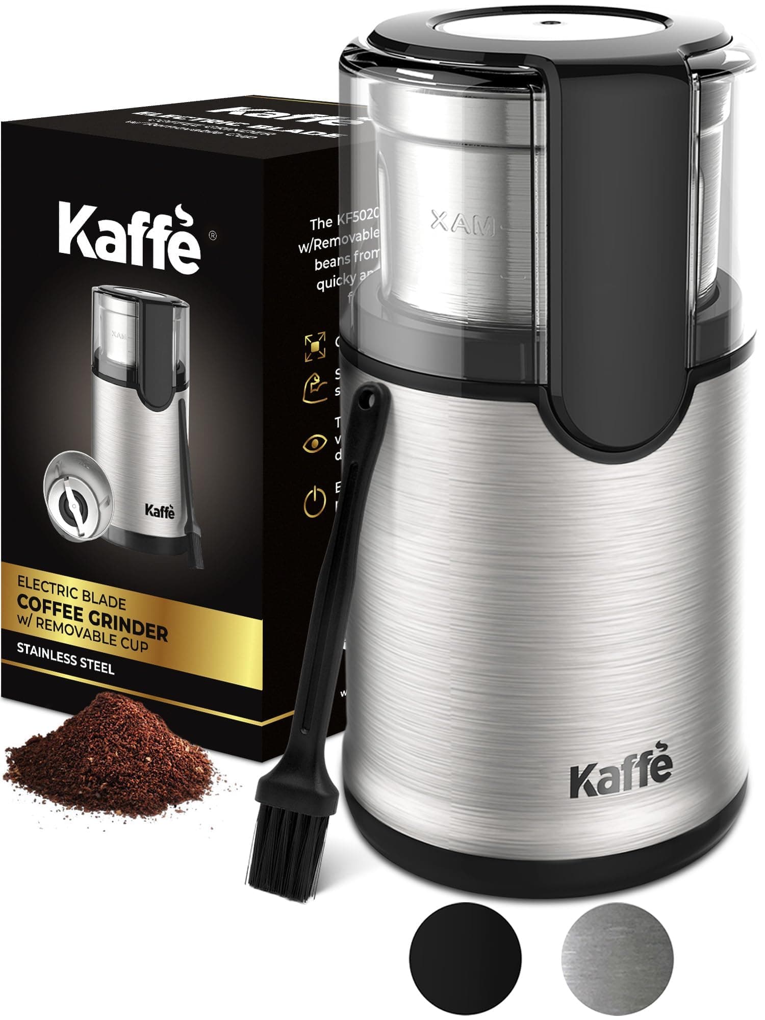 Kaffe Electric Coffee Blade Grinder w/Removable Cup - 4.5oz - Stainless Steel (w/Cleaning Brush)